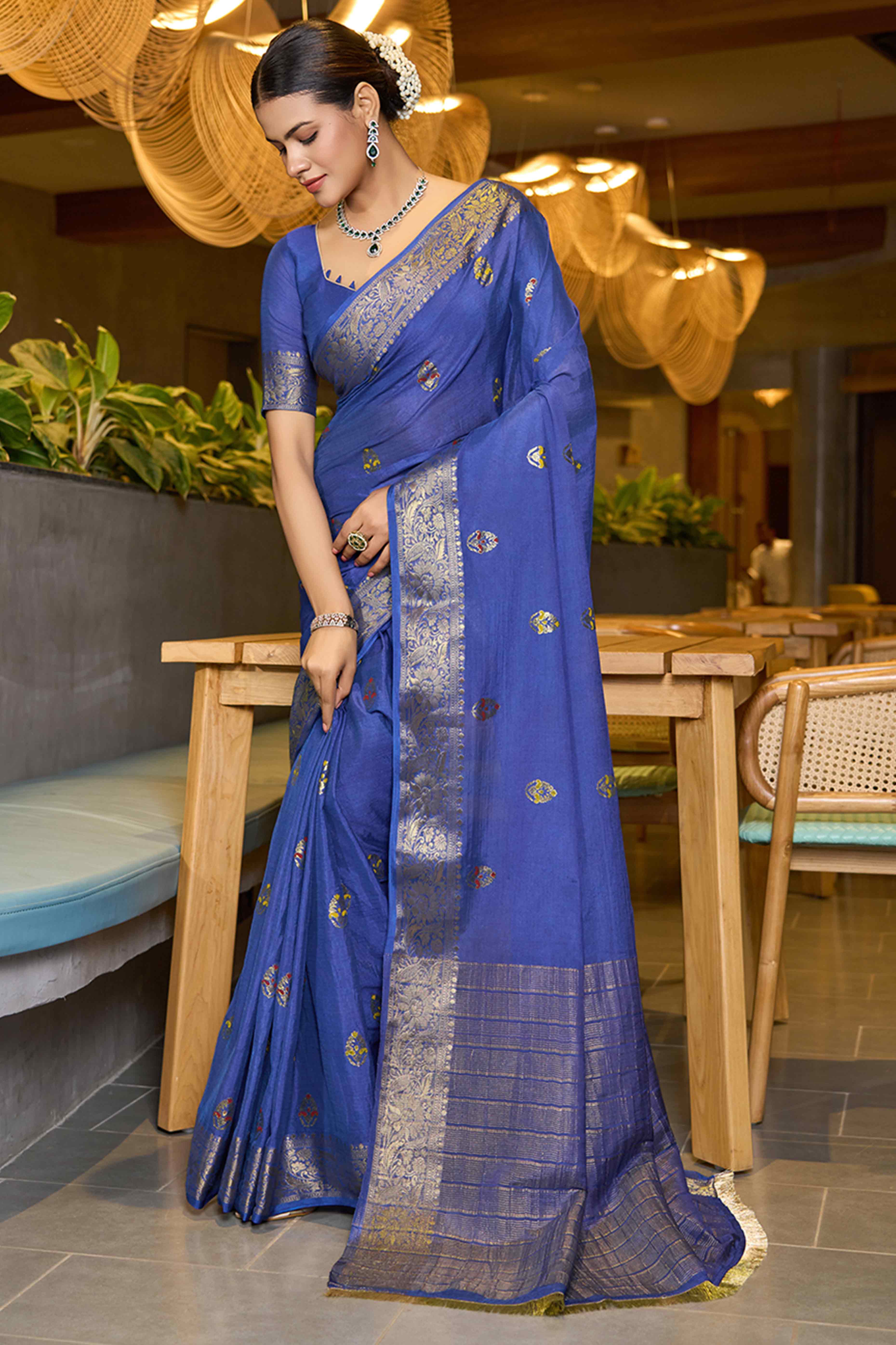 Feel The Luxury Of Blue Floral Woven Chinon Silk Saree