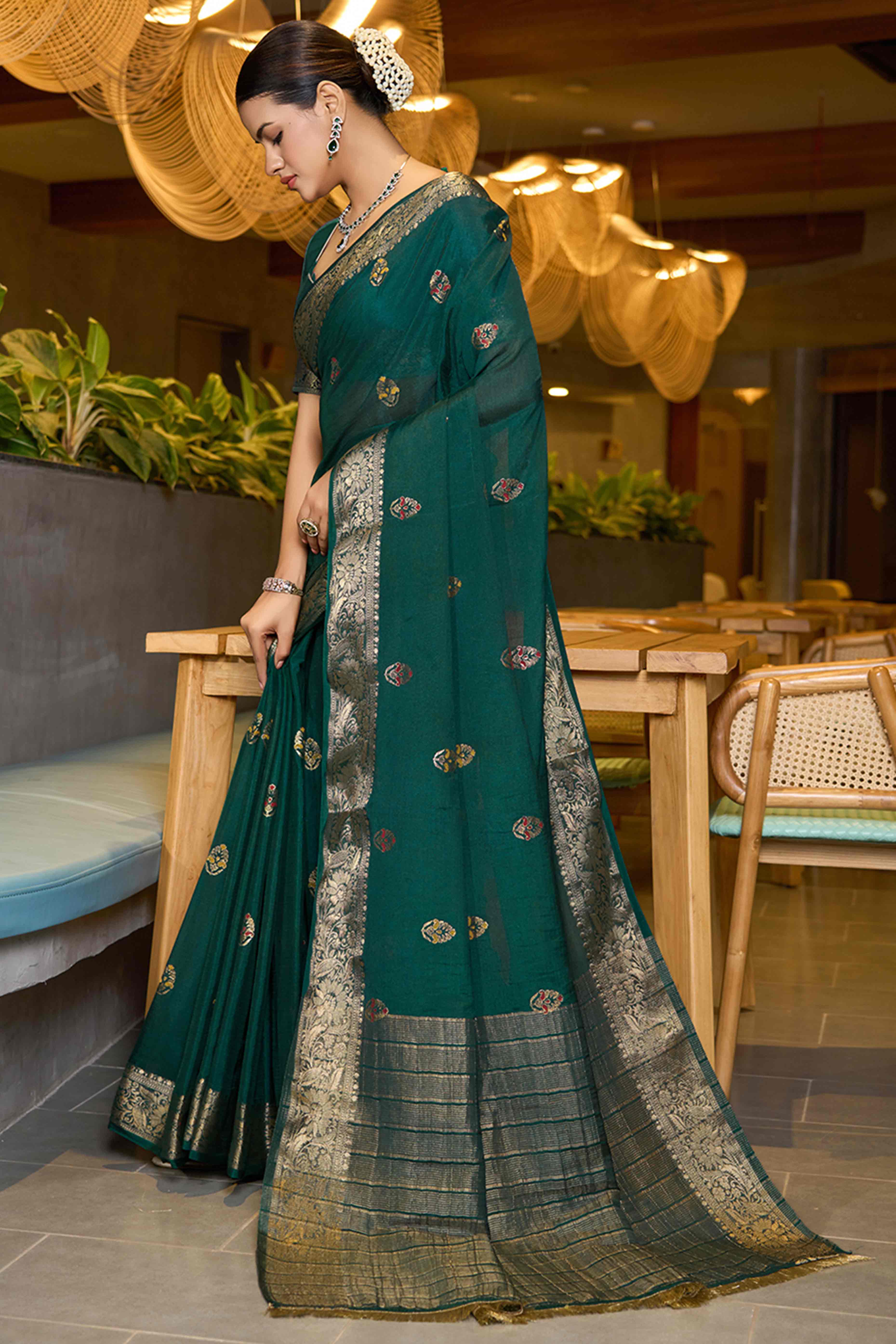 Experience Timeless Beauty With Green Floral Woven Chinon Silk Saree