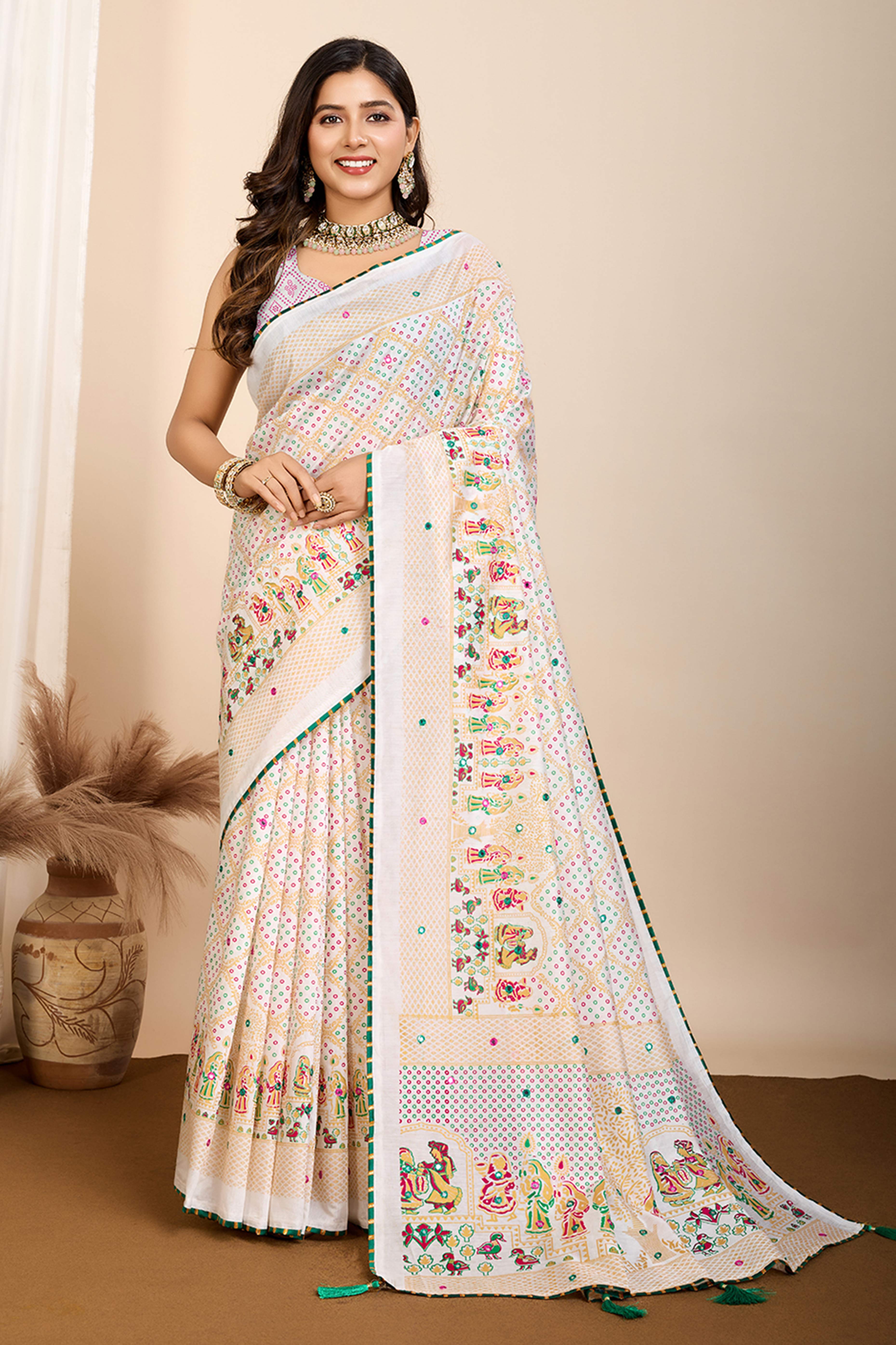 Off White Mirror Work Bandhani Printed Muslin Saree