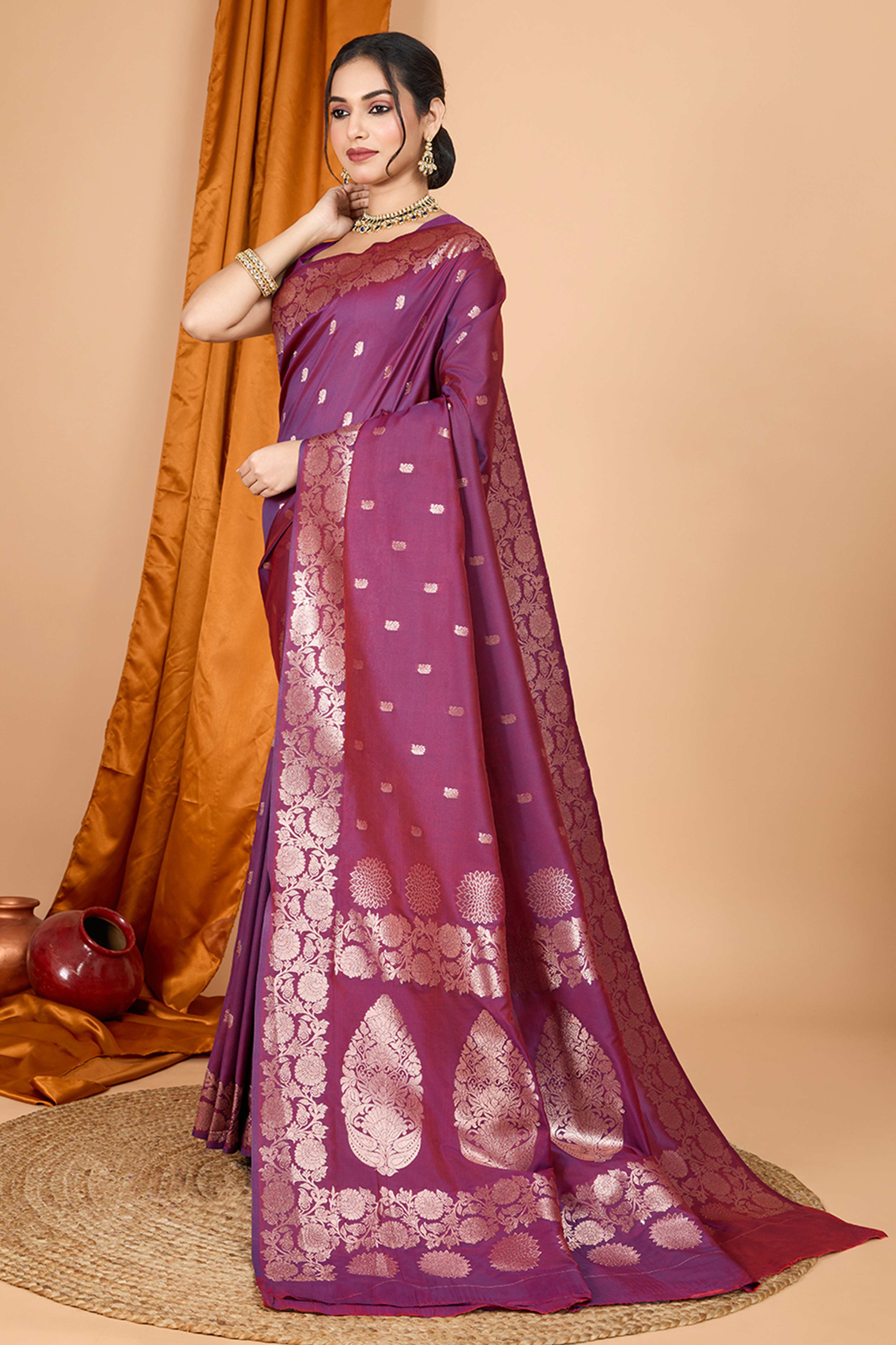 Wine Banarasi Silk Saree With Intricate Floral Zari Weaving