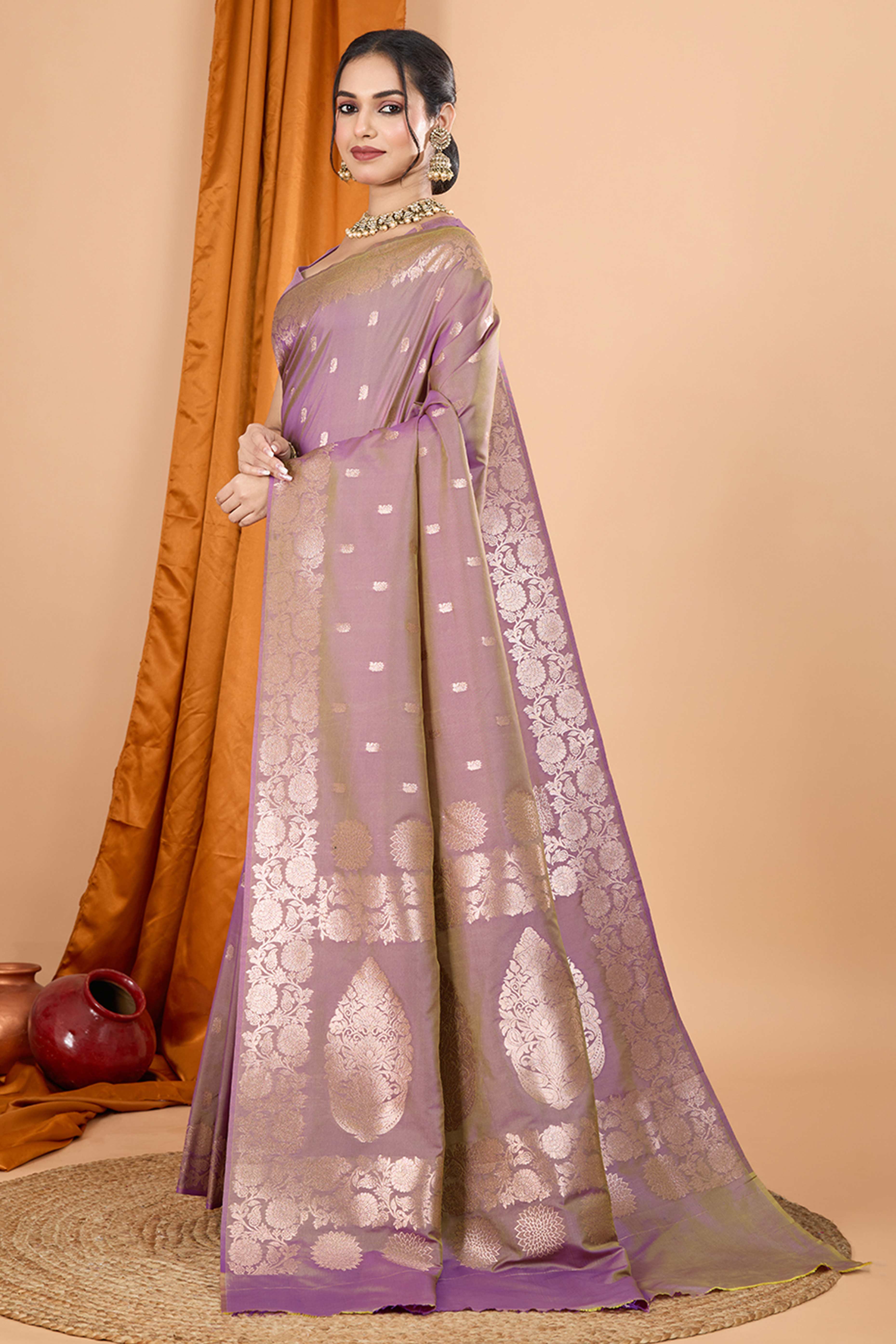 Lilac Lavender Banarasi Silk Saree With Intricate Floral Zari Weaving