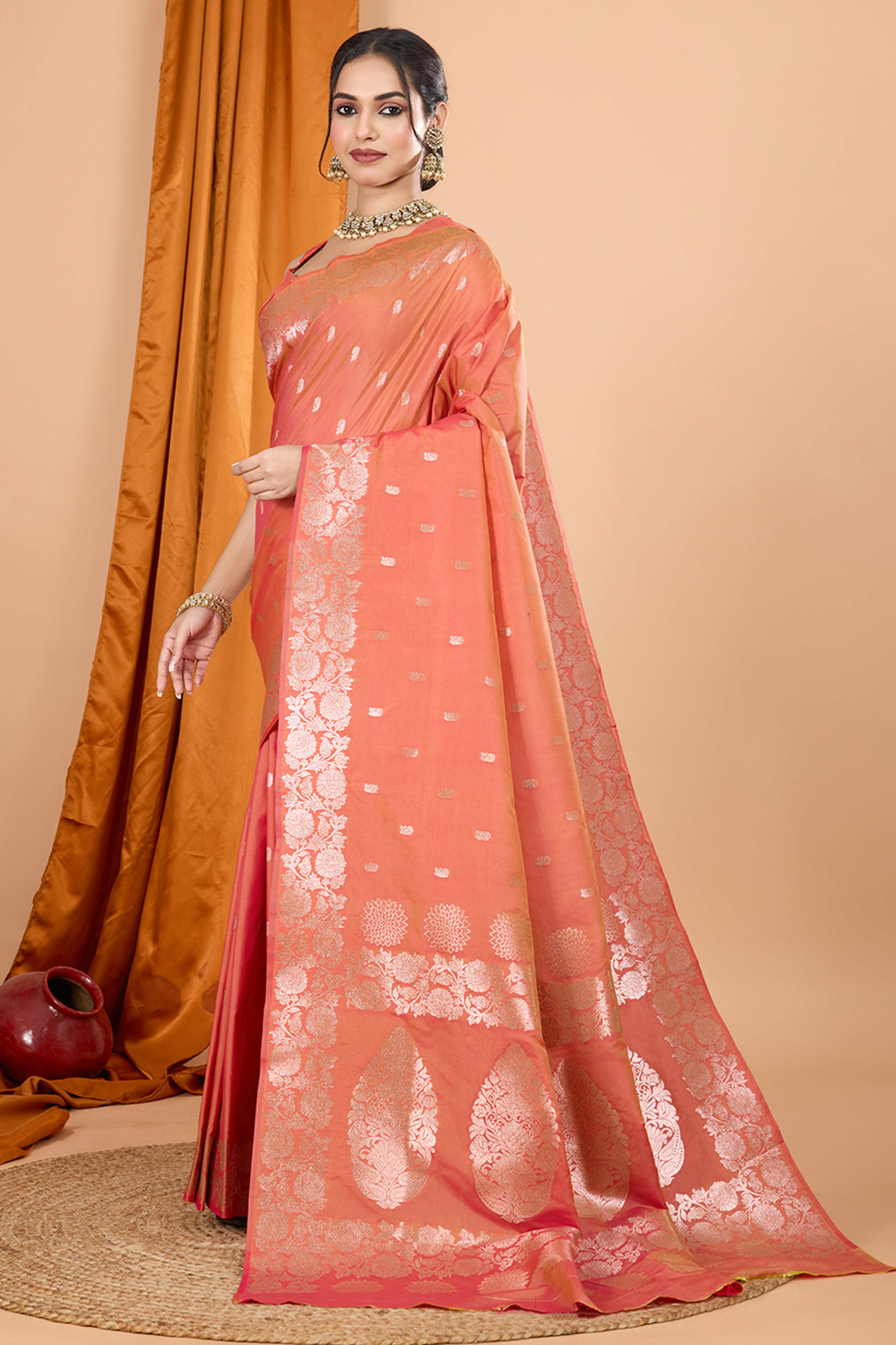 Peach Banarasi Silk Saree With Intricate Floral Zari Weaving