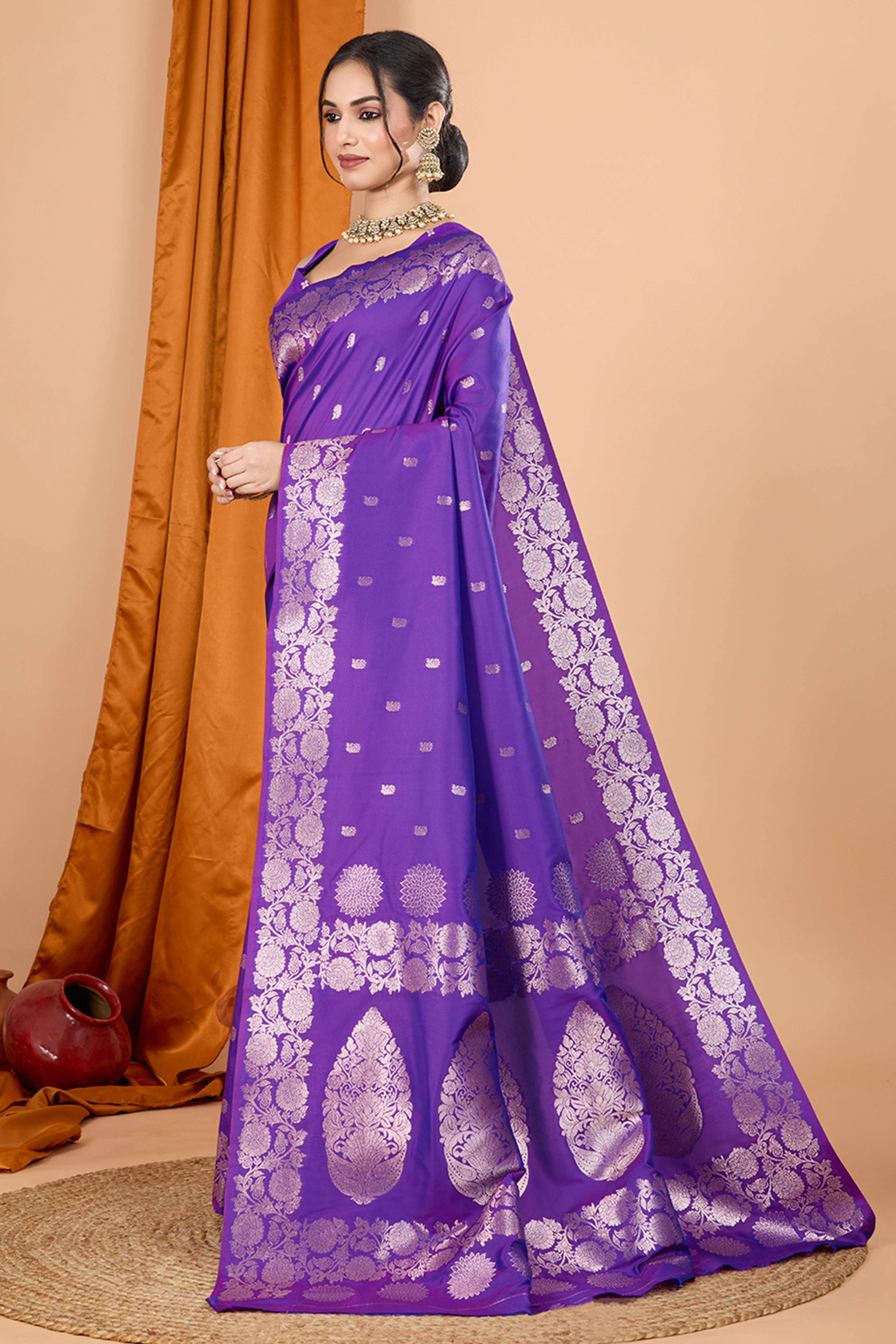 Violet Banarasi Silk Saree With Intricate Floral Zari Weaving