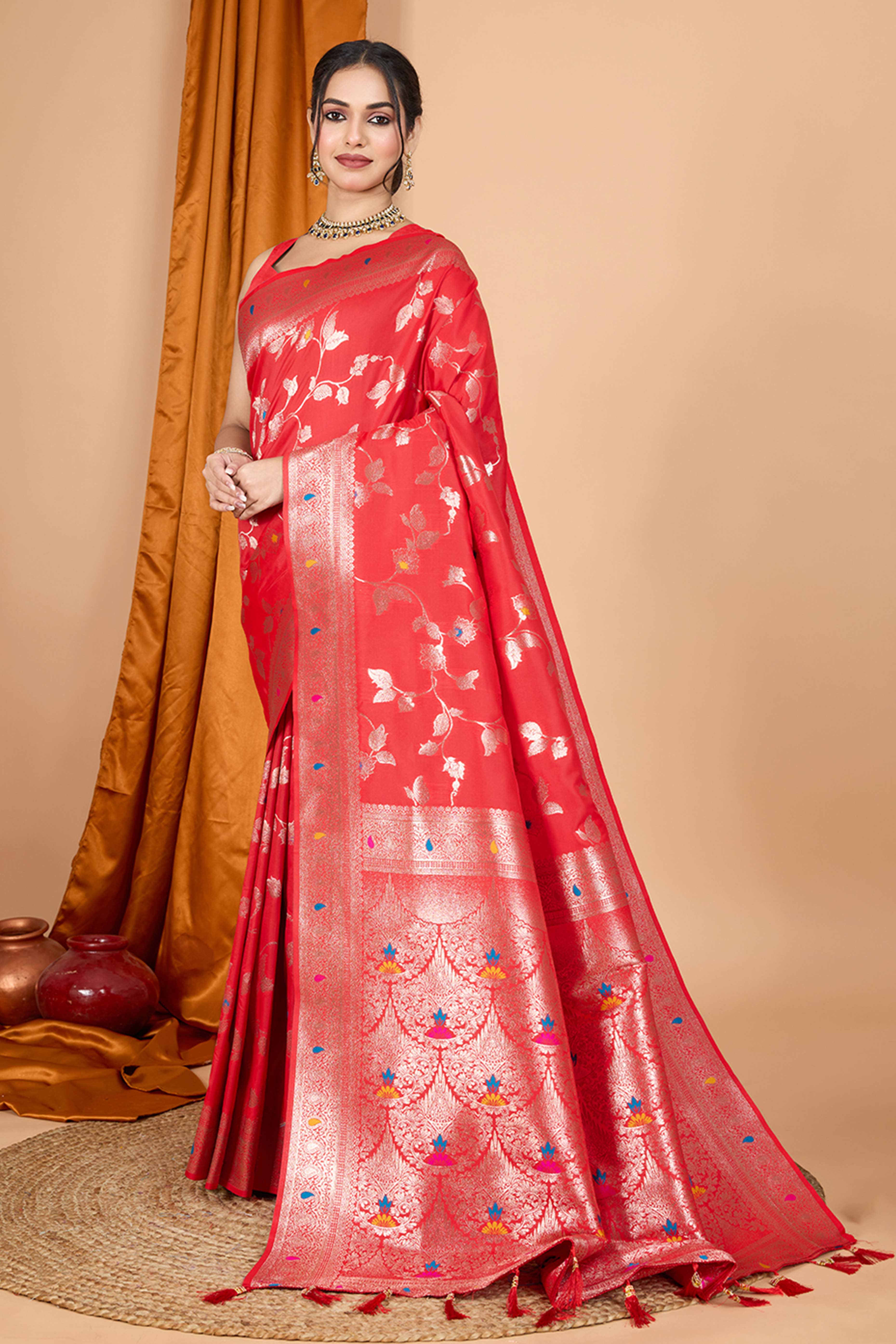 Red Banarasi Silk Saree With Exquisite Floral Zari Weaving and Elegant Tassels