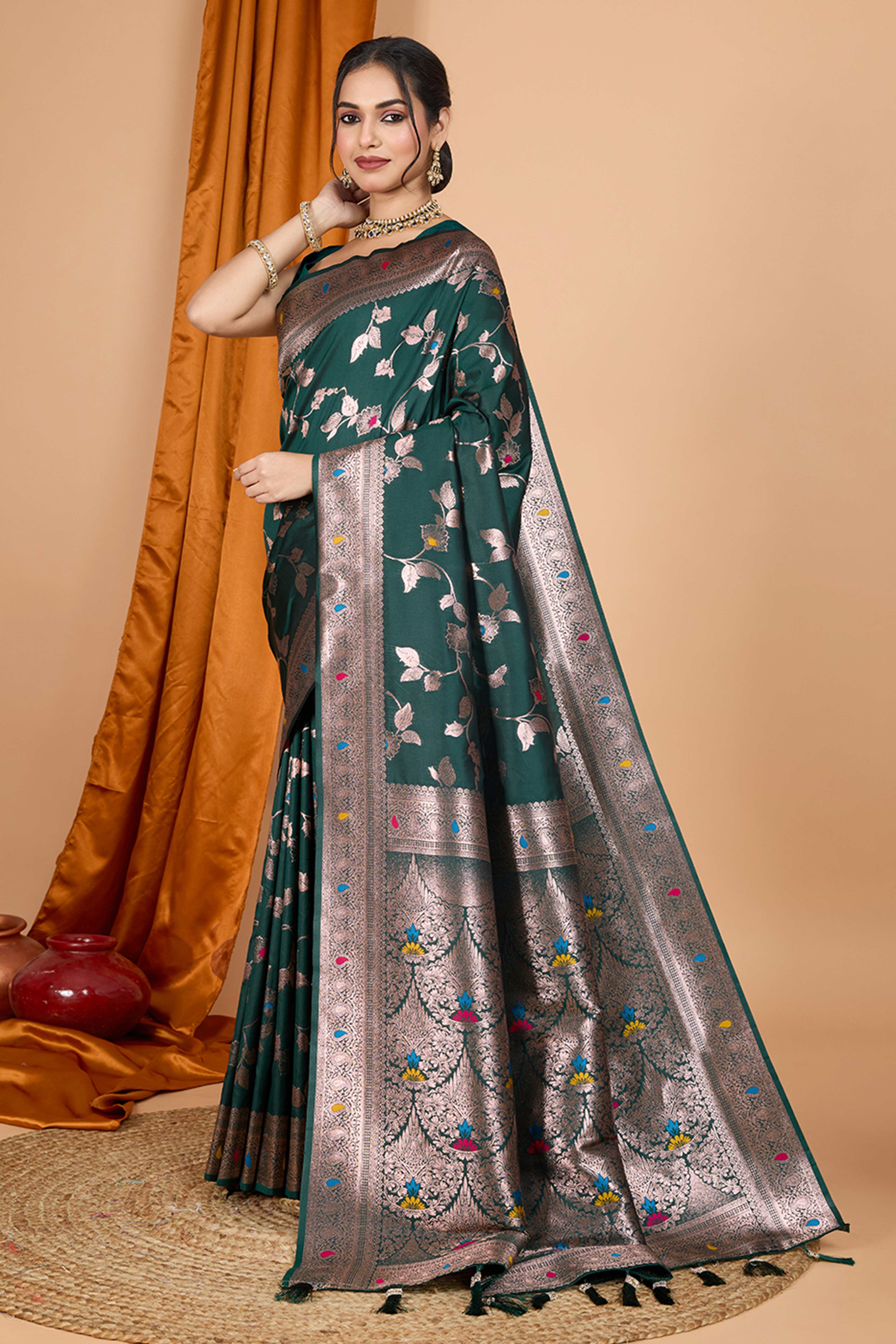 Green Banarasi Silk Saree With Exquisite Floral Zari Weaving and Elegant Tassels