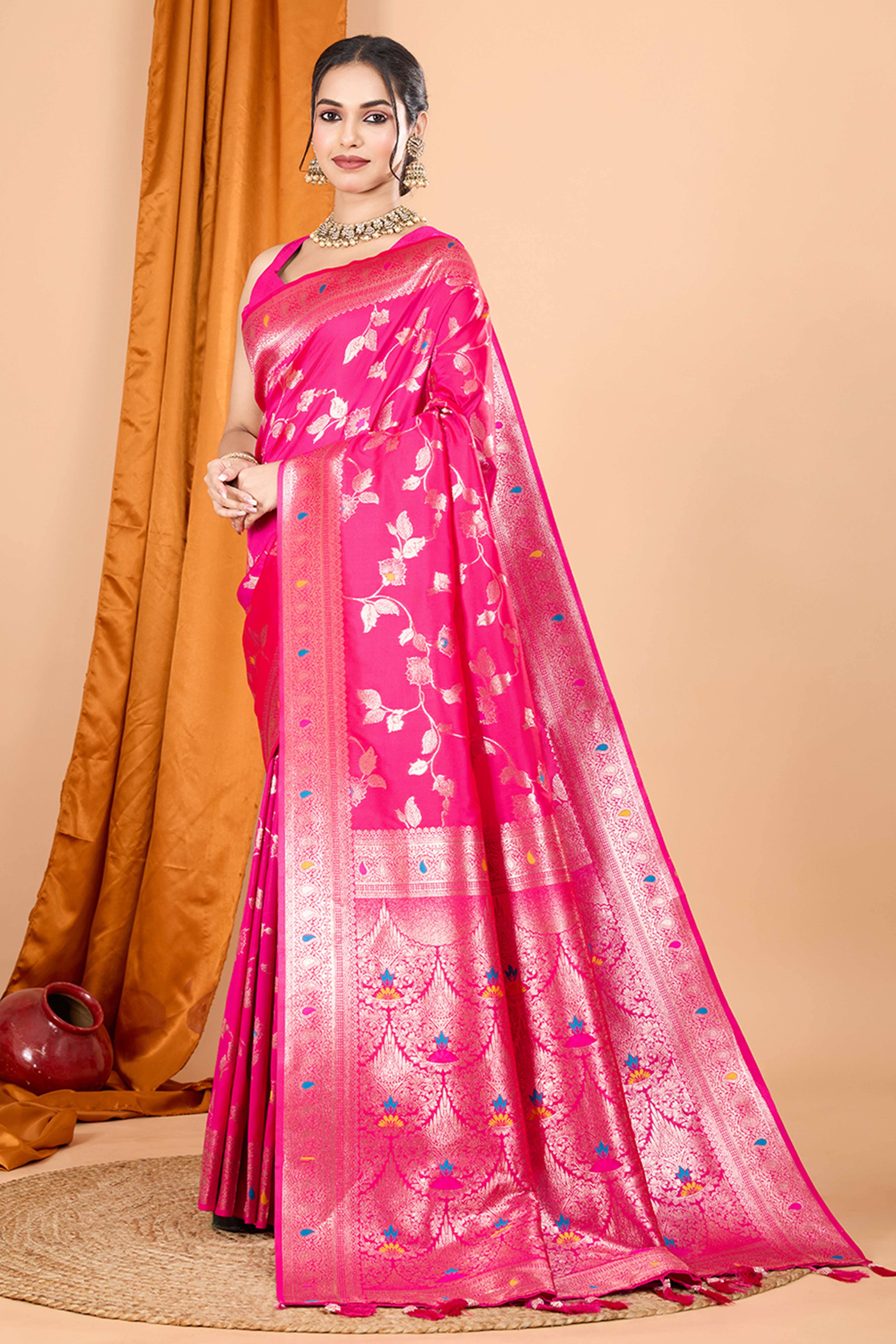 Pink Banarasi Silk Saree With Exquisite Floral Zari Weaving and Elegant Tassels