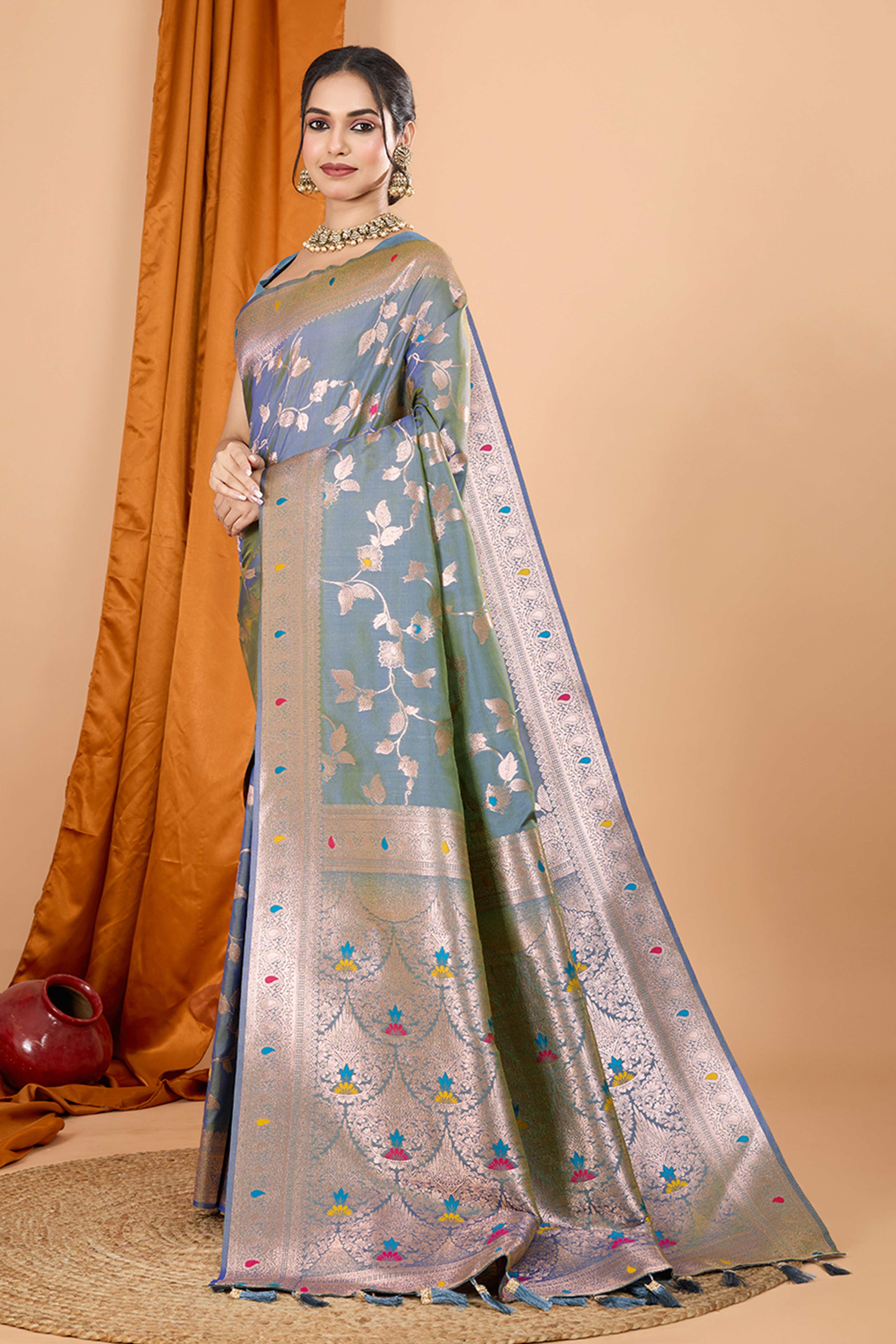 Greyish Blue Banarasi Silk Saree With Exquisite Floral Zari Weaving and Elegant Tassels