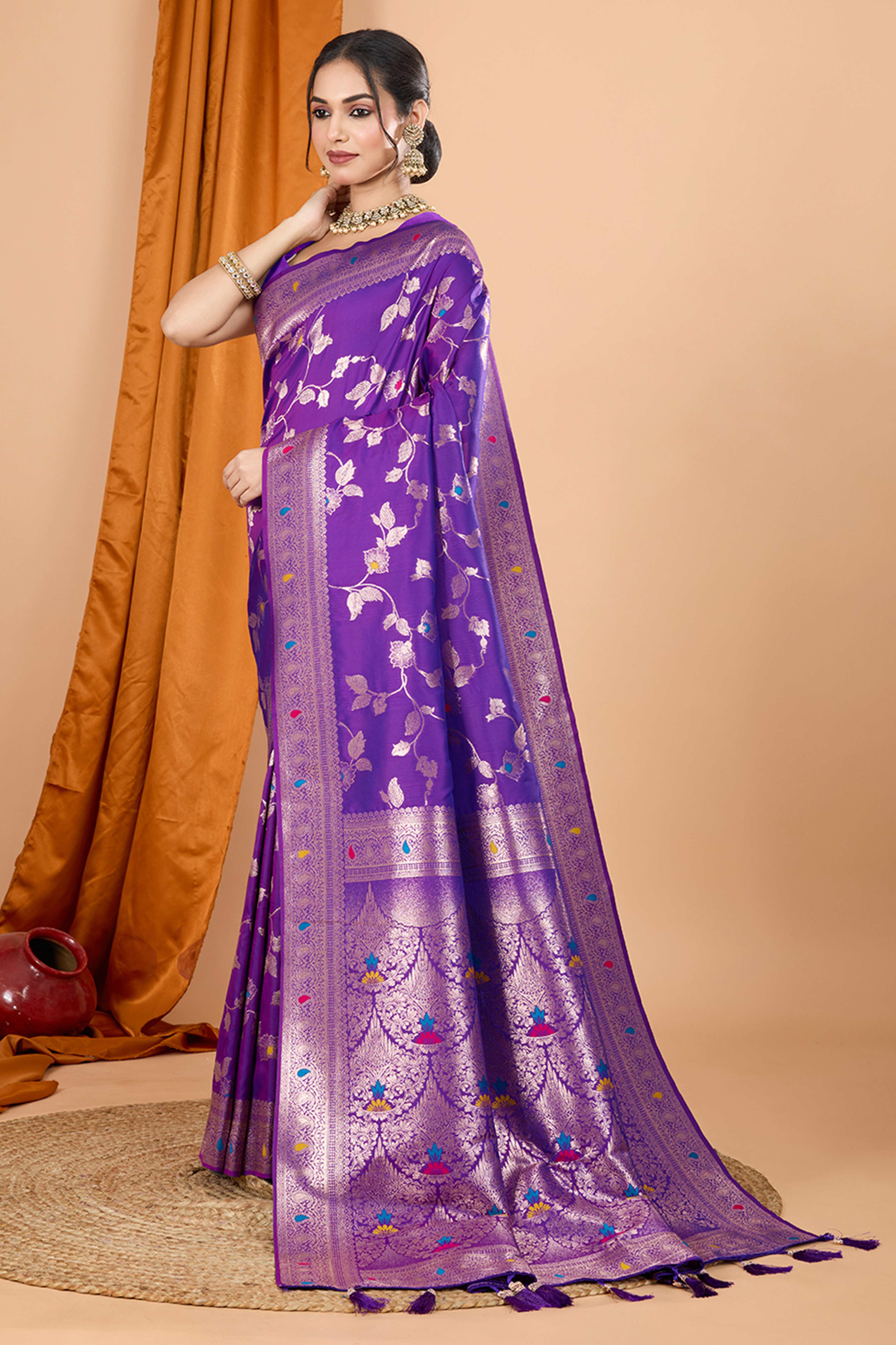Violet Banarasi Silk Saree With Exquisite Floral Zari Weaving and Elegant Tassels