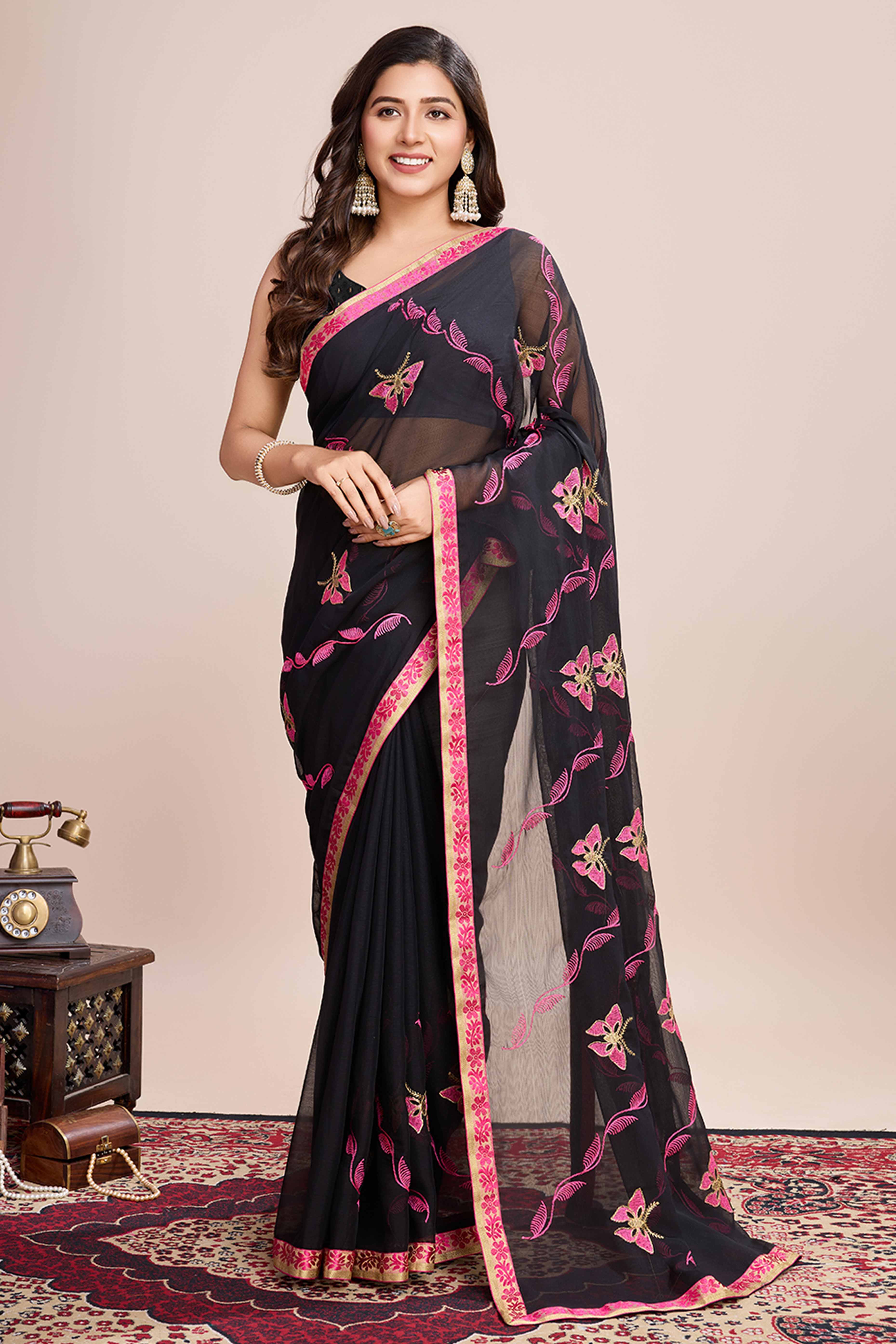 Black Floral Embroidered Georgette Saree