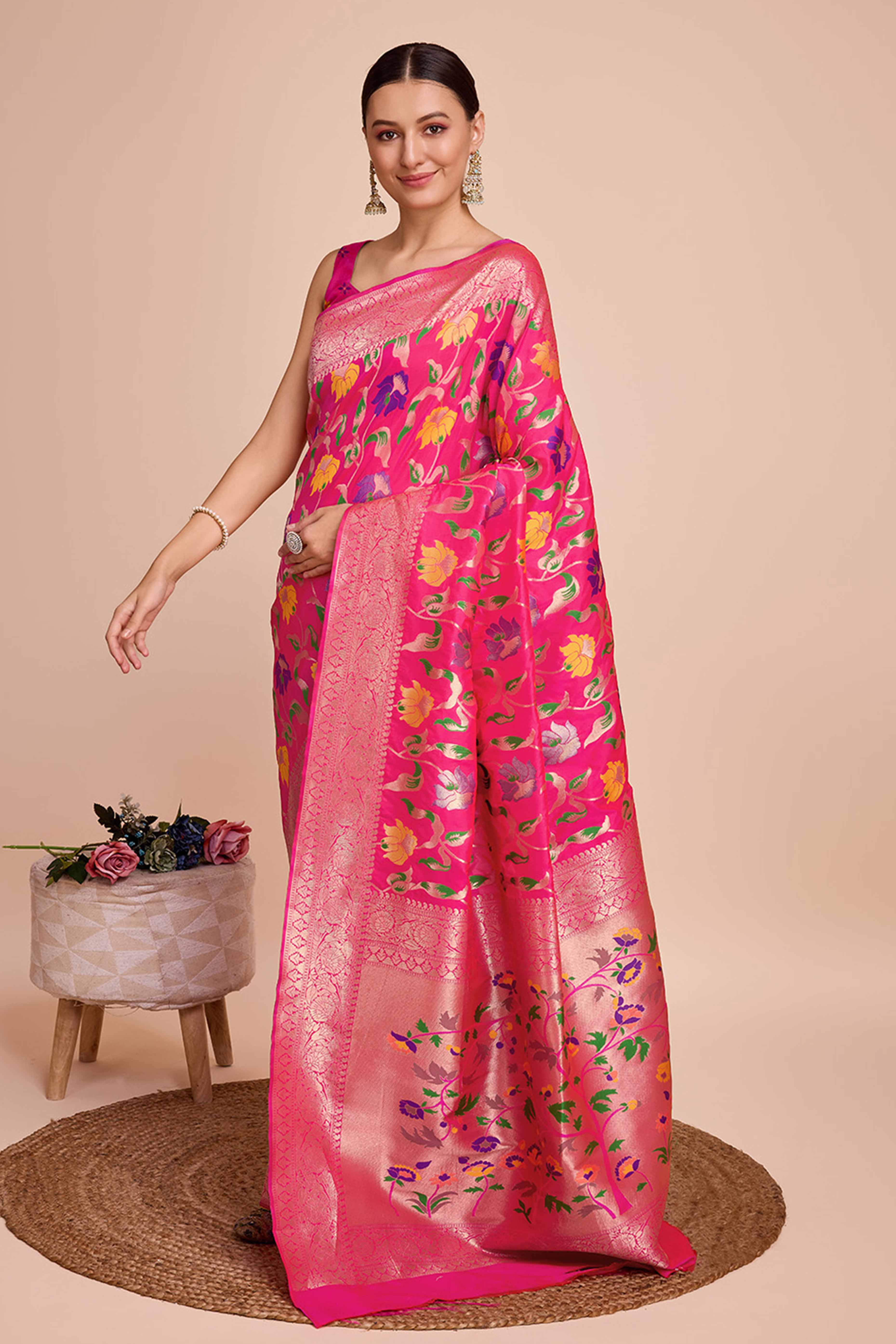Pink Floral Zari Weaving Pure Silk Paithani Saree