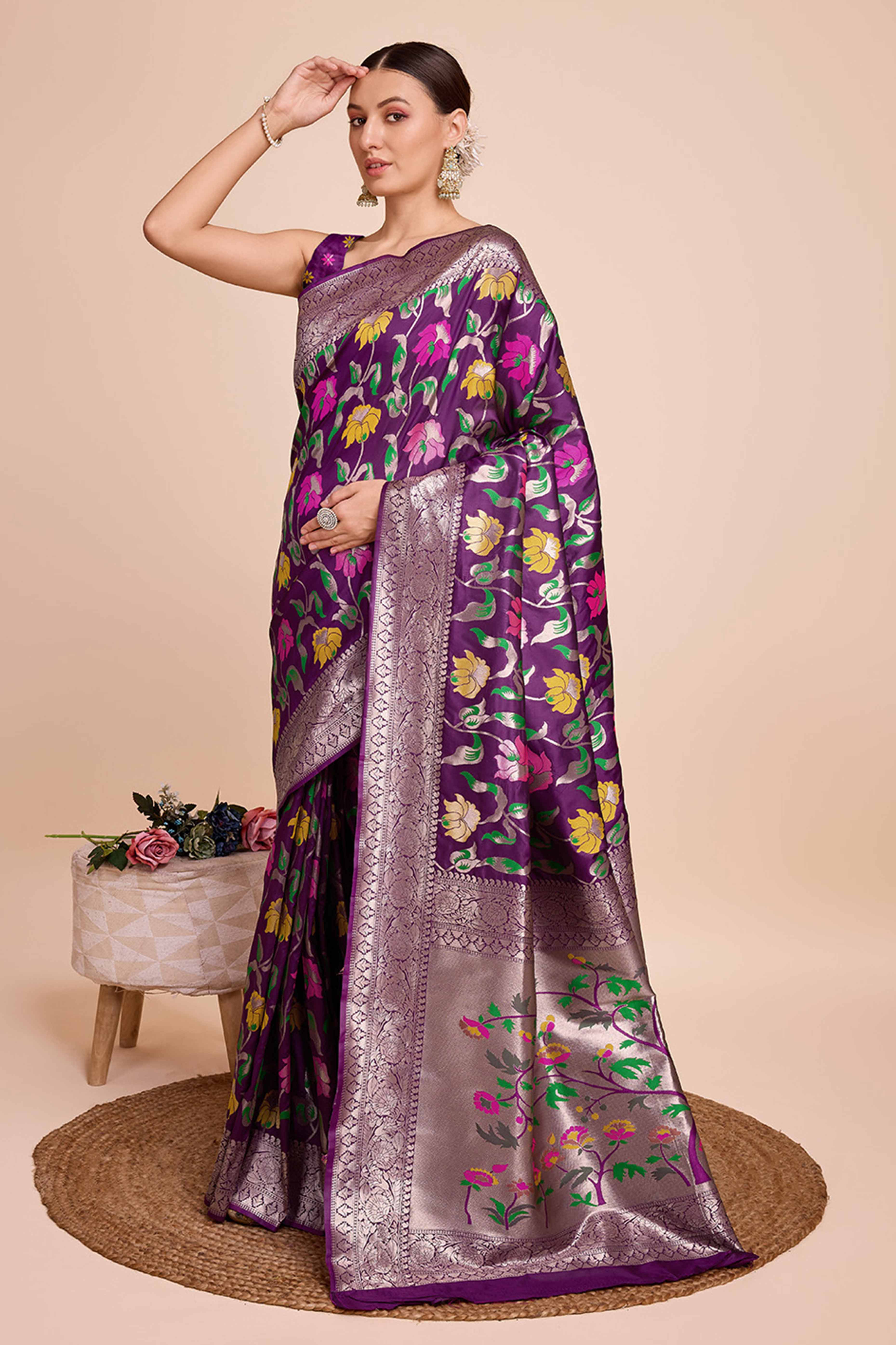 Wine Floral Zari Weaving Pure Silk Paithani Saree