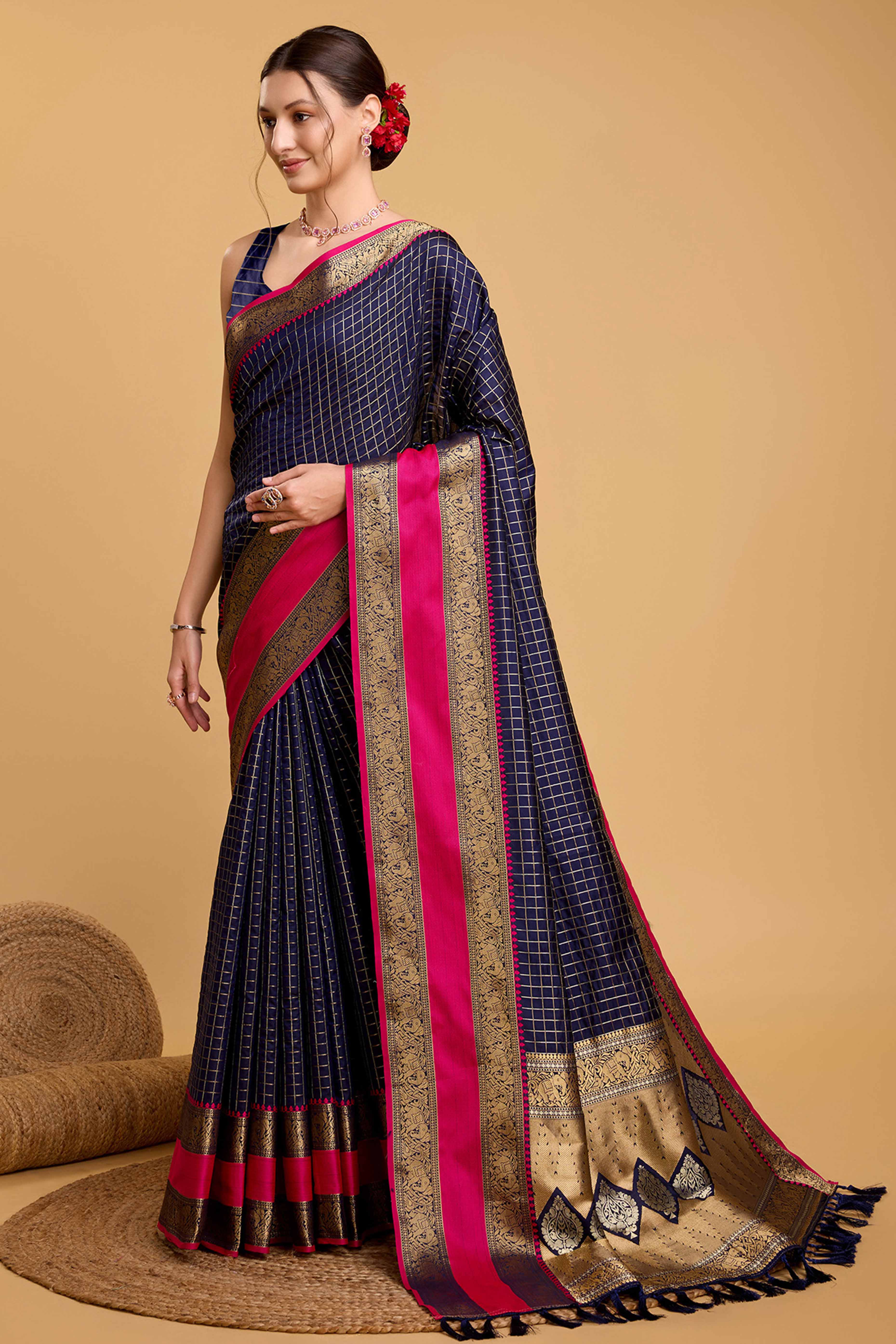 Navy Blue Zari Weaving Banarasi Silk Saree