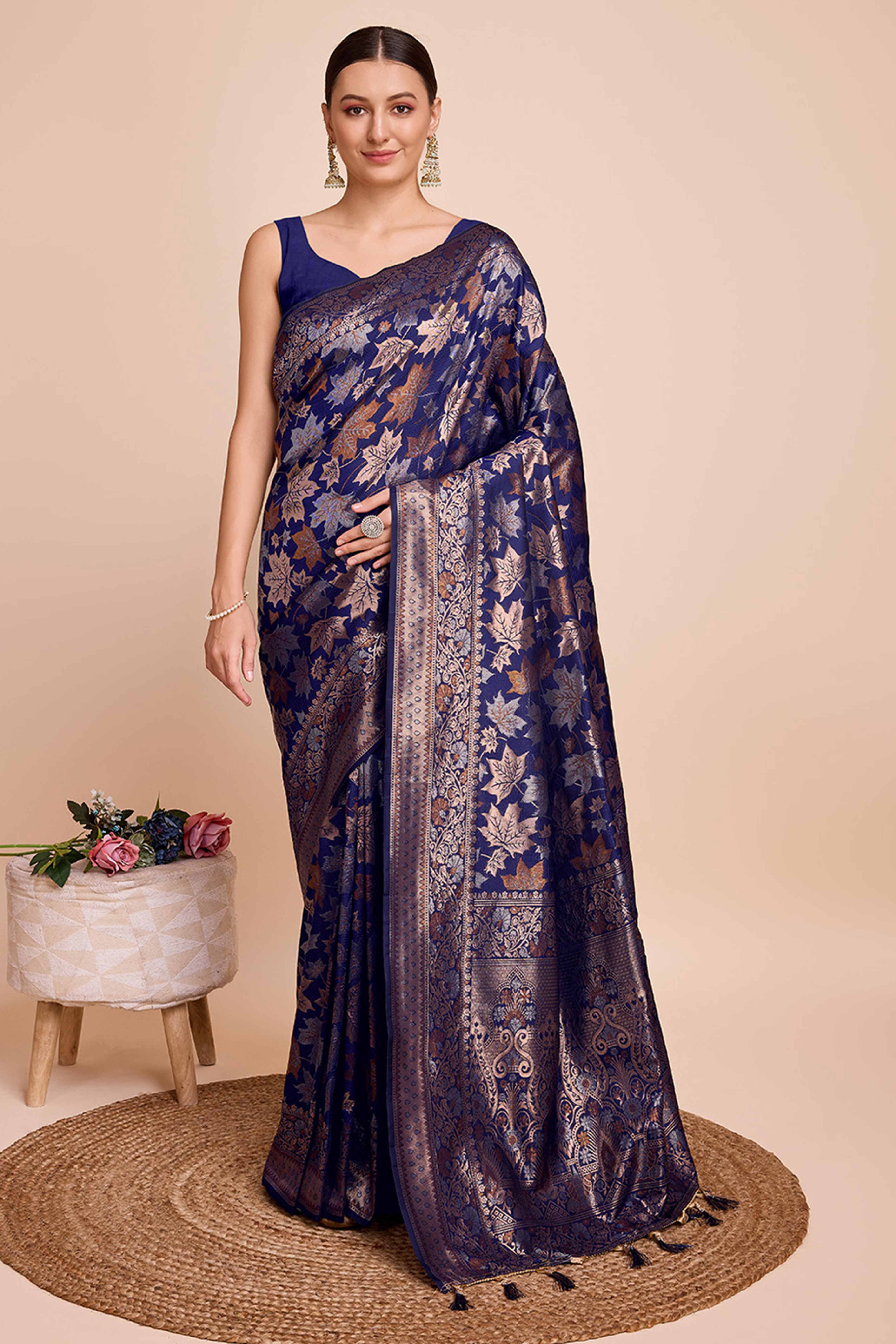 Navy Blue Zari Weaving Pure Silk Saree