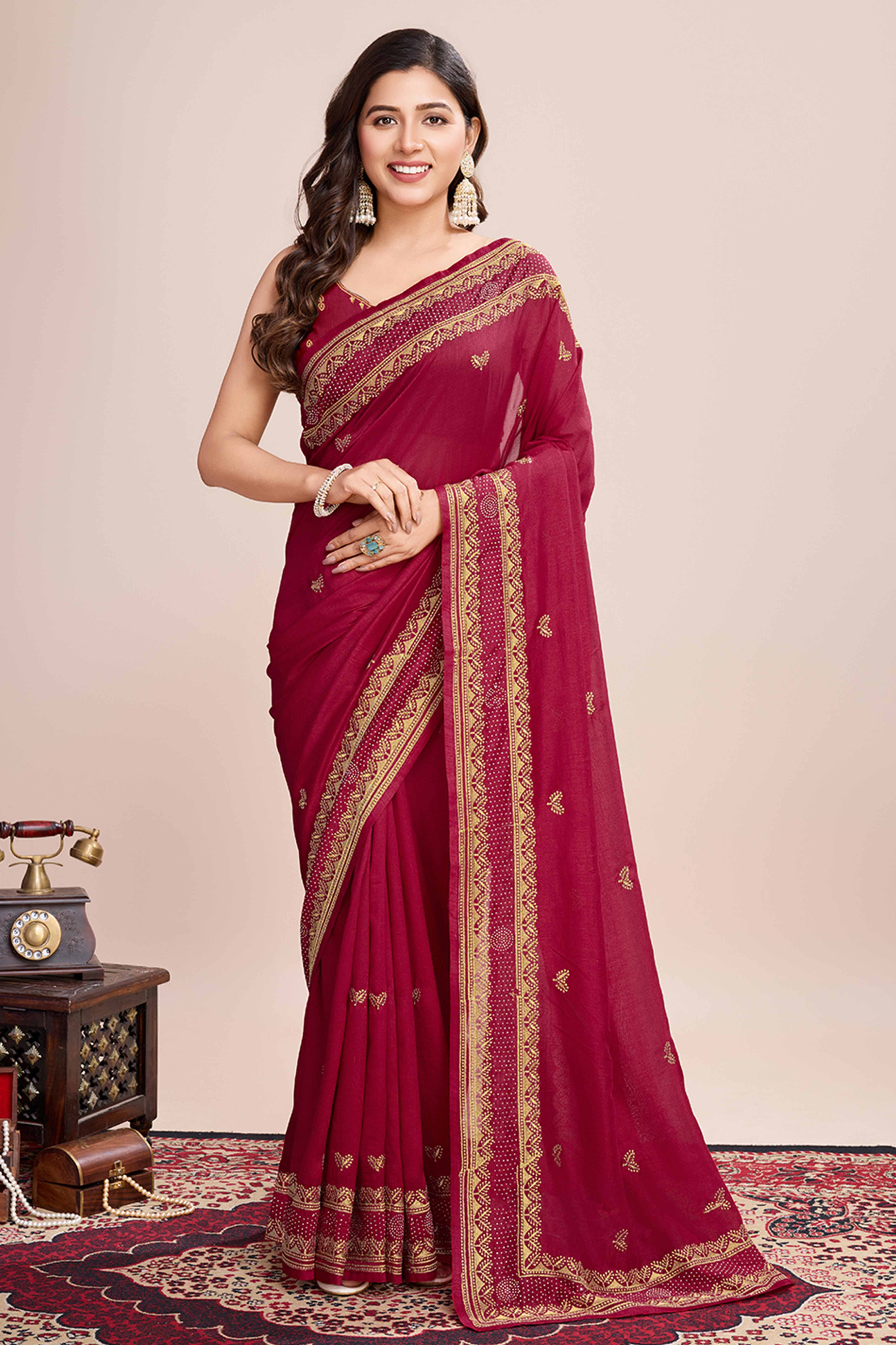 Red Floral Embroidered Vichitra Silk Saree