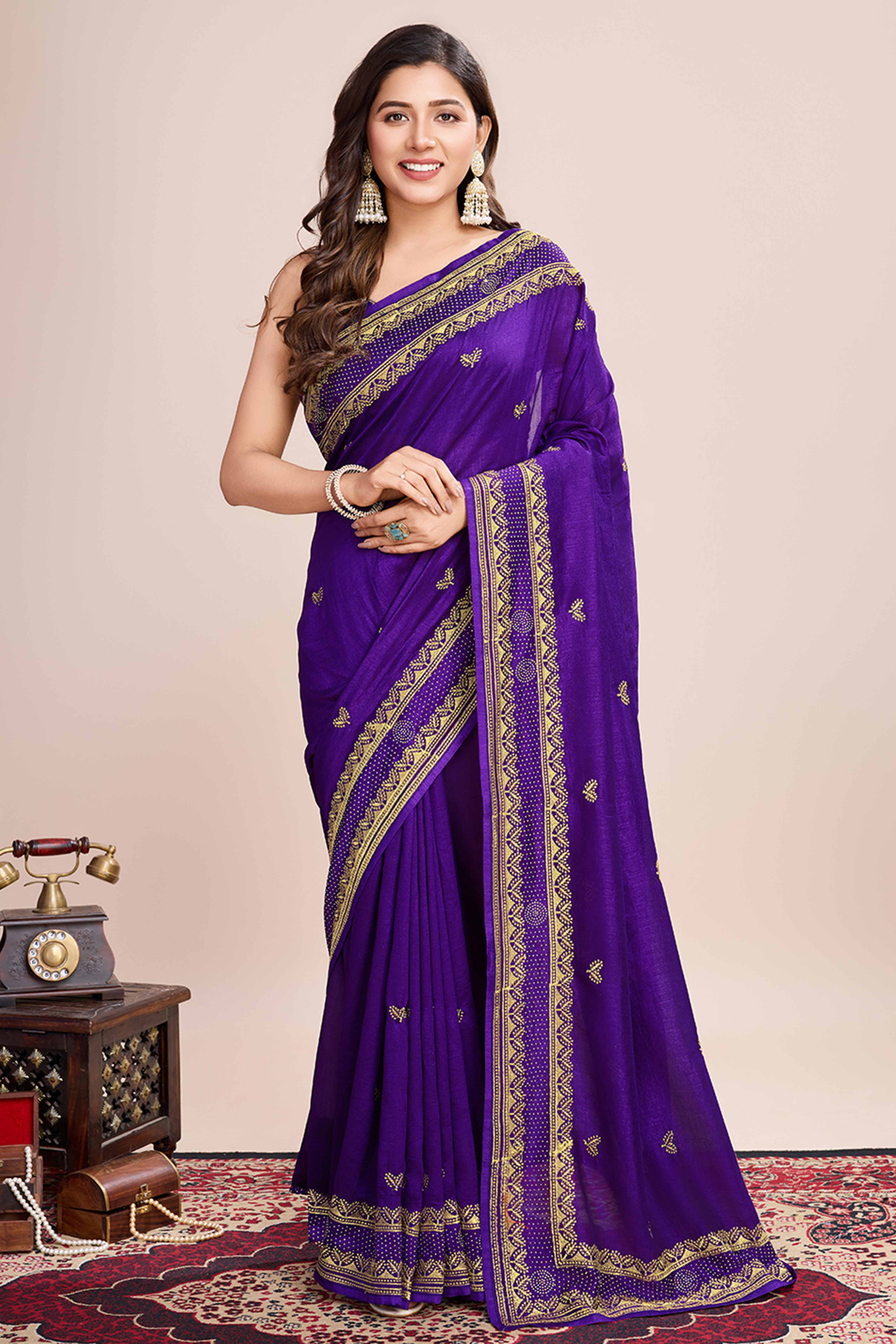 Purple Floral Embroidered Vichitra Silk Saree