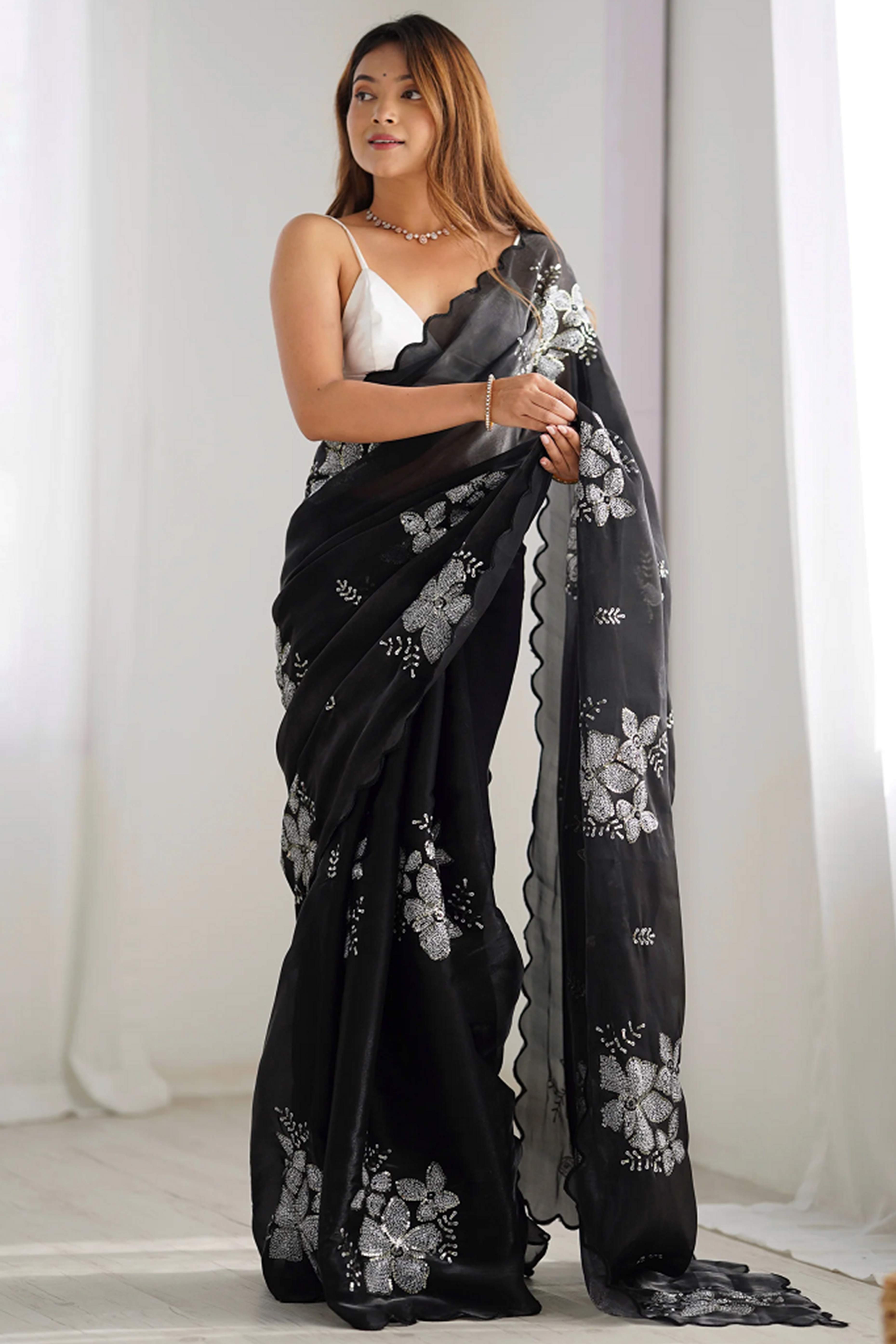 Black Sequins Floral Embroidered Organza Saree