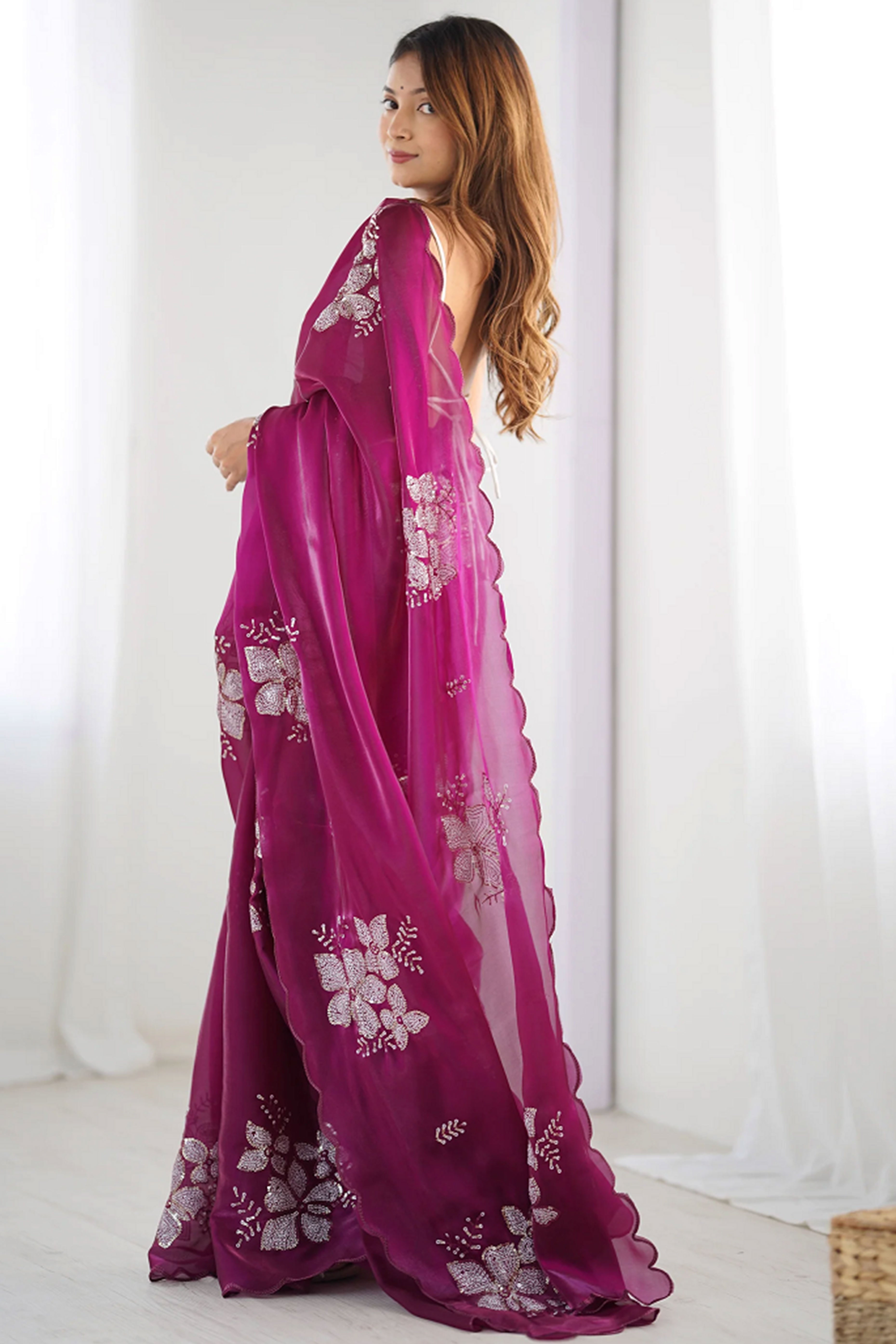 Wine Sequins Floral Embroidered Organza Saree