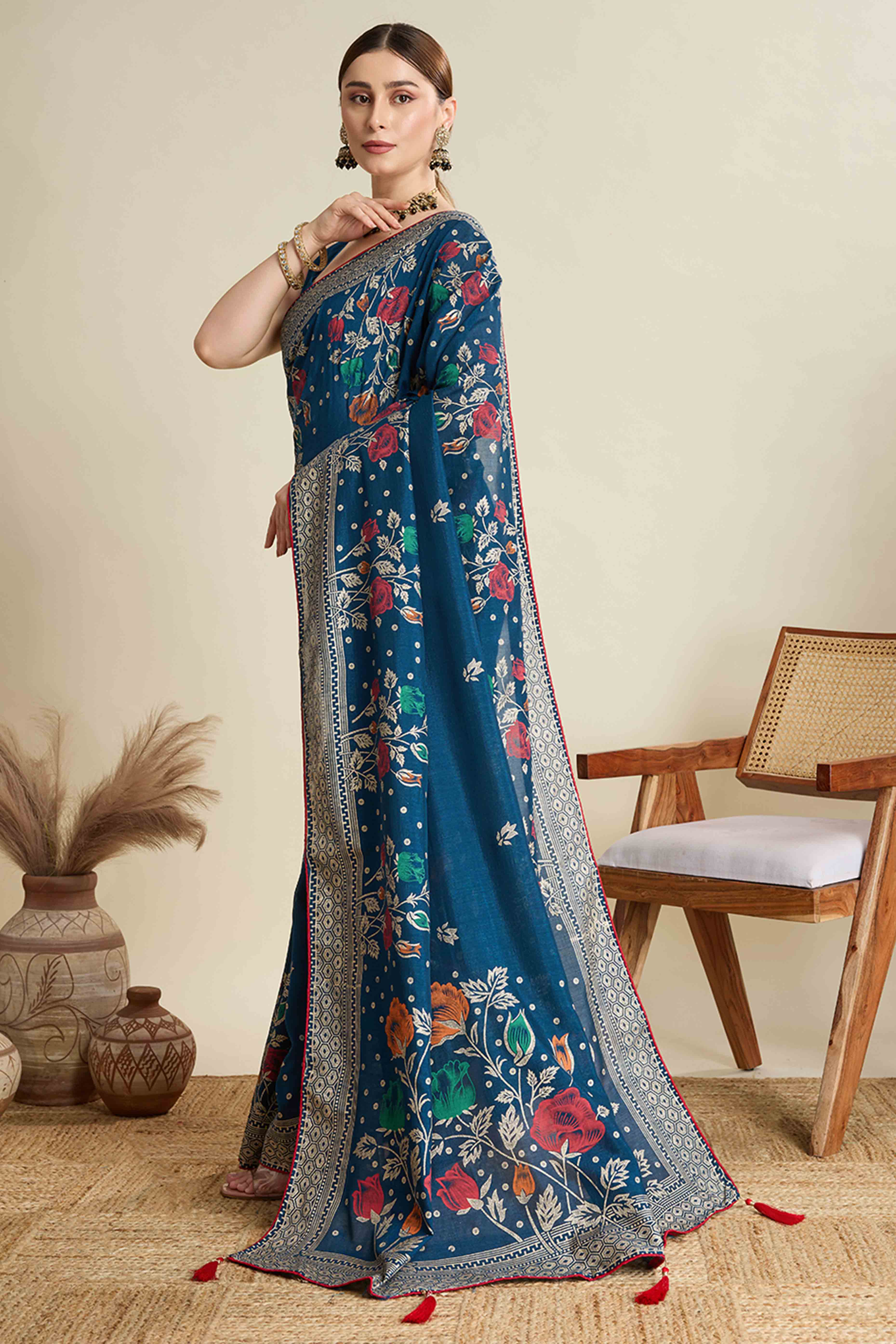 Teal Lightweight Cotton Silk Saree with Delicate Paisley Prints