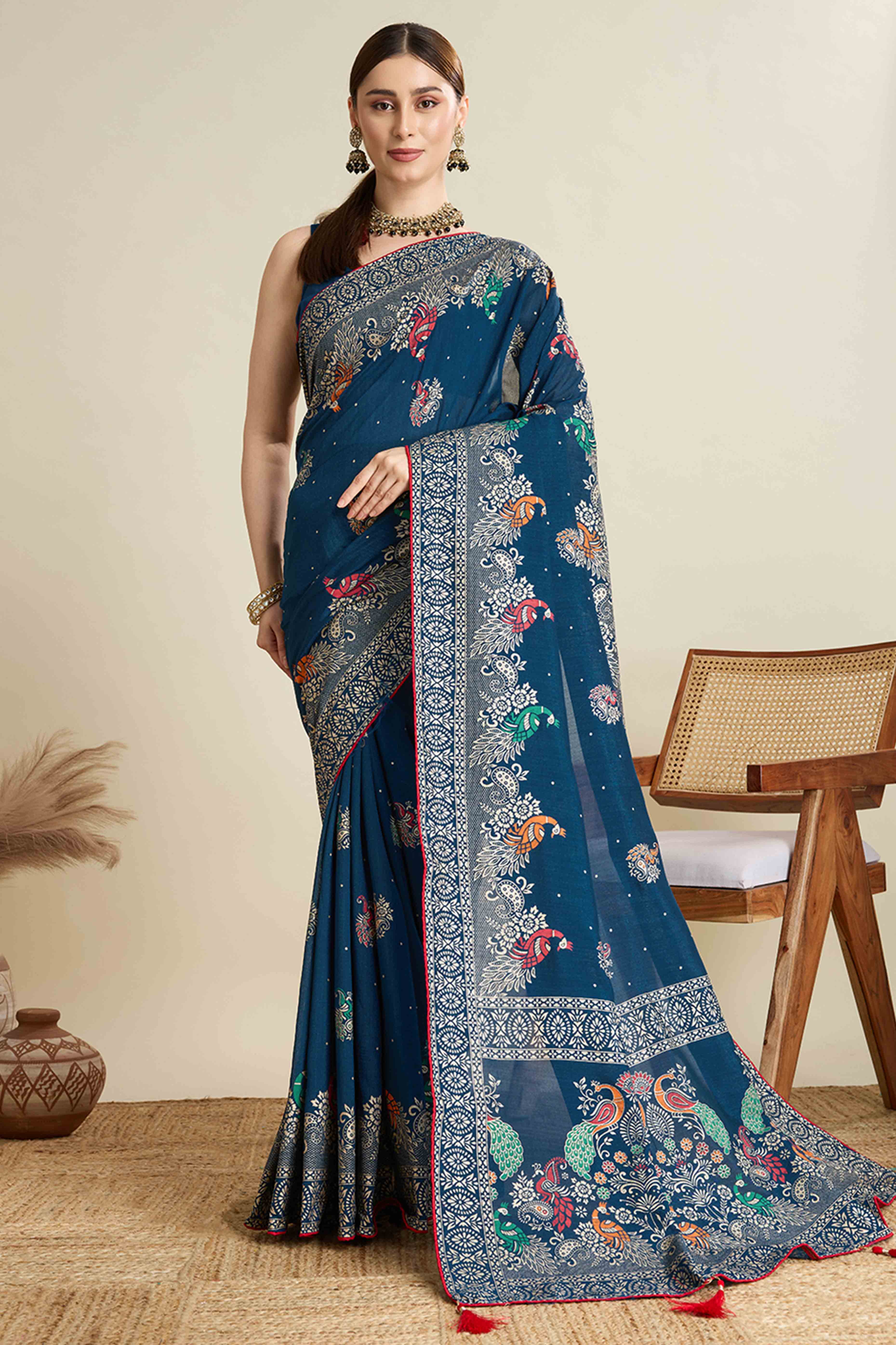 Teal Lightweight Cotton Silk Saree with Delicate Paisley Prints