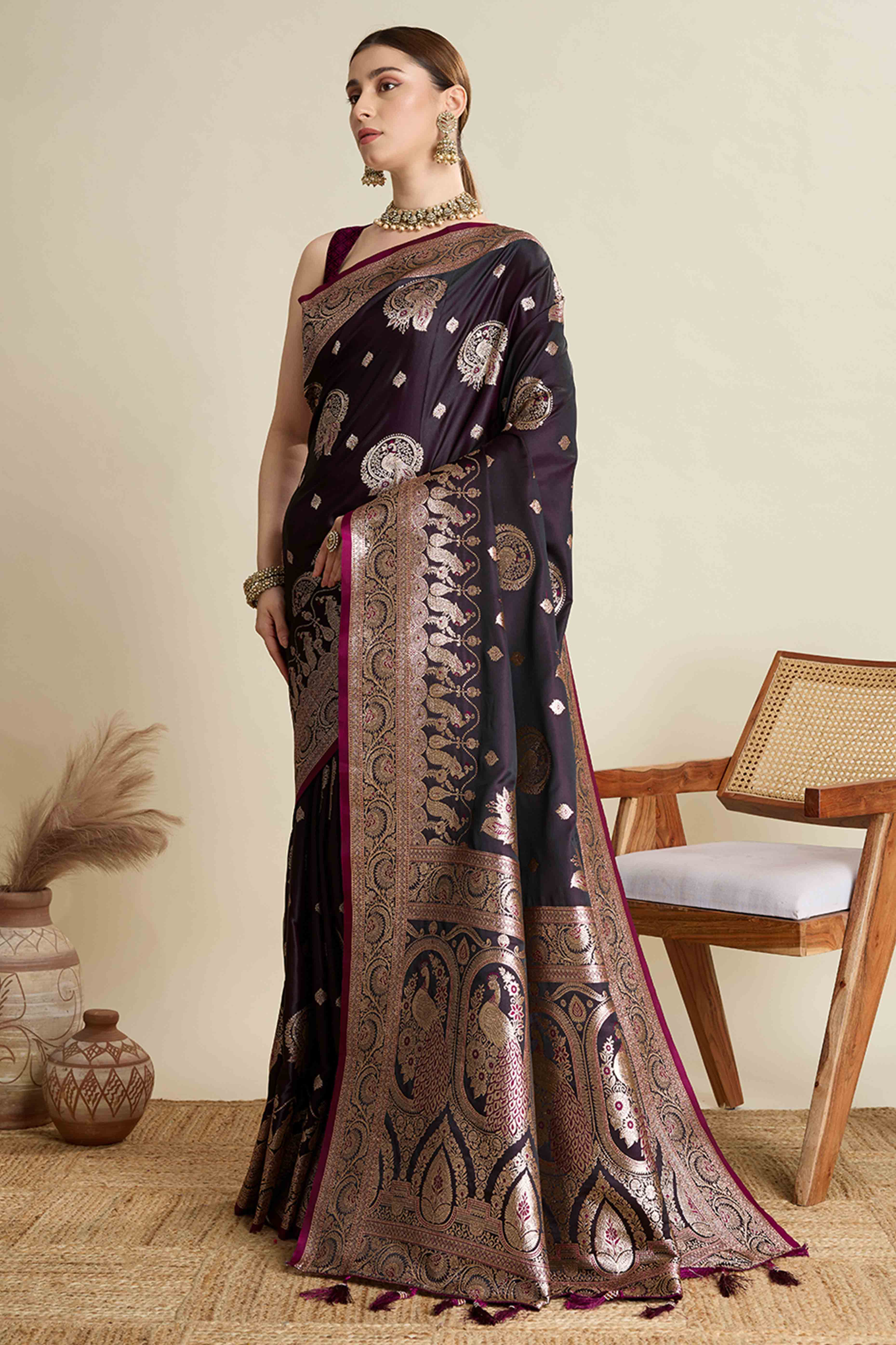 Wine Pure Silk Saree Featuring Traditional Banarasi Zari Weaving Patterns