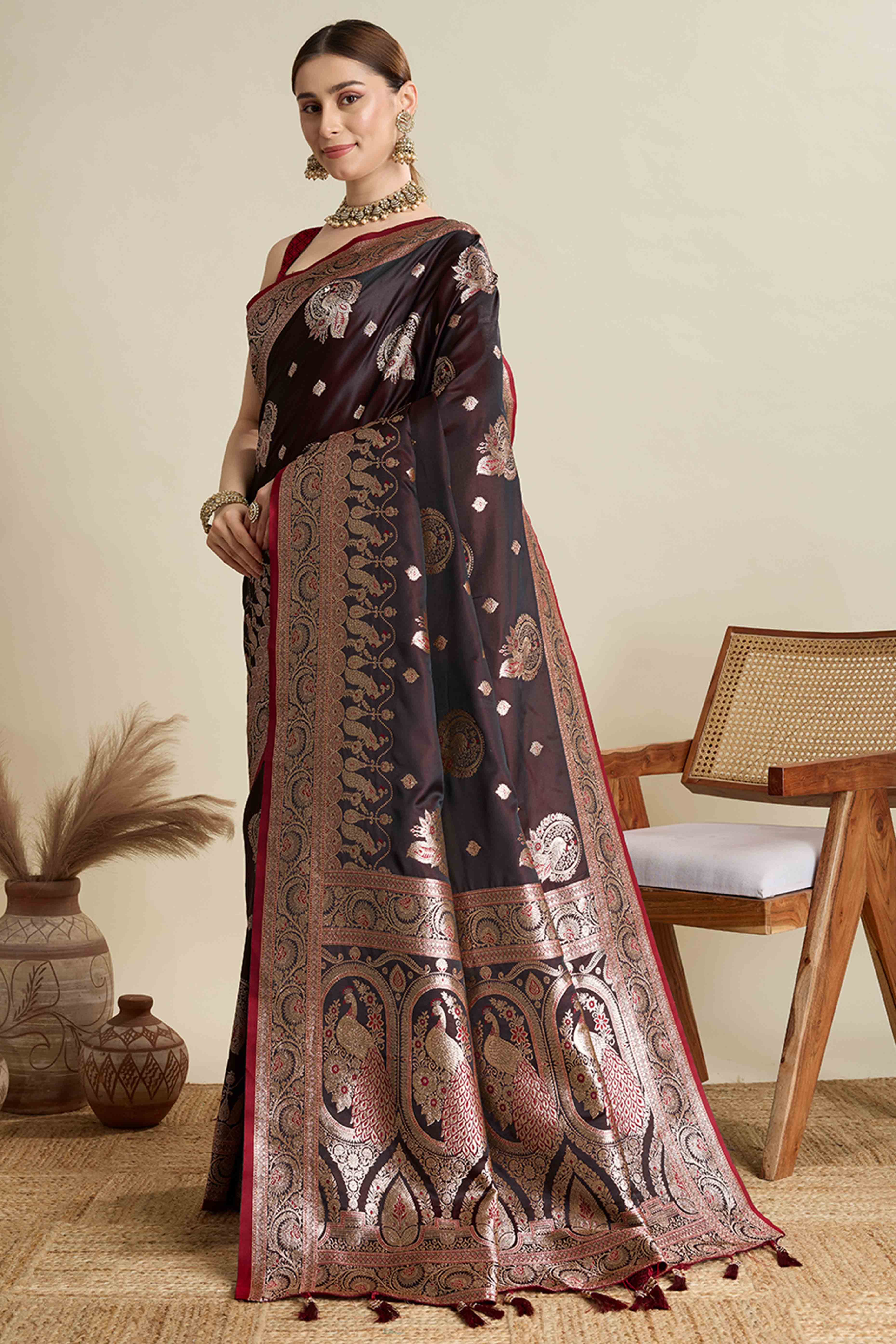 Wine Pure Silk Saree Featuring Traditional Banarasi Zari Weaving Patterns