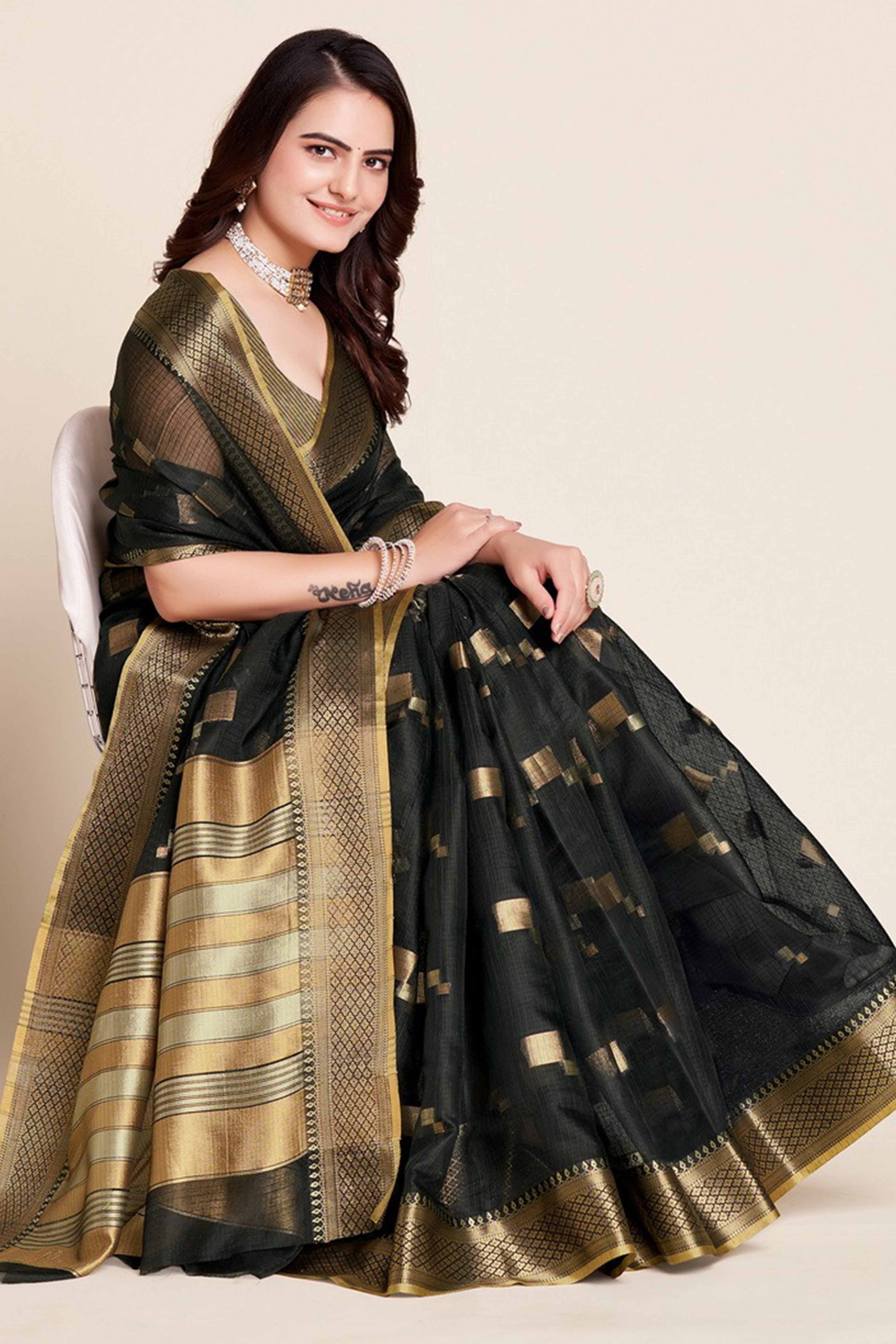 Black Zari Weaving Kota Doria Saree