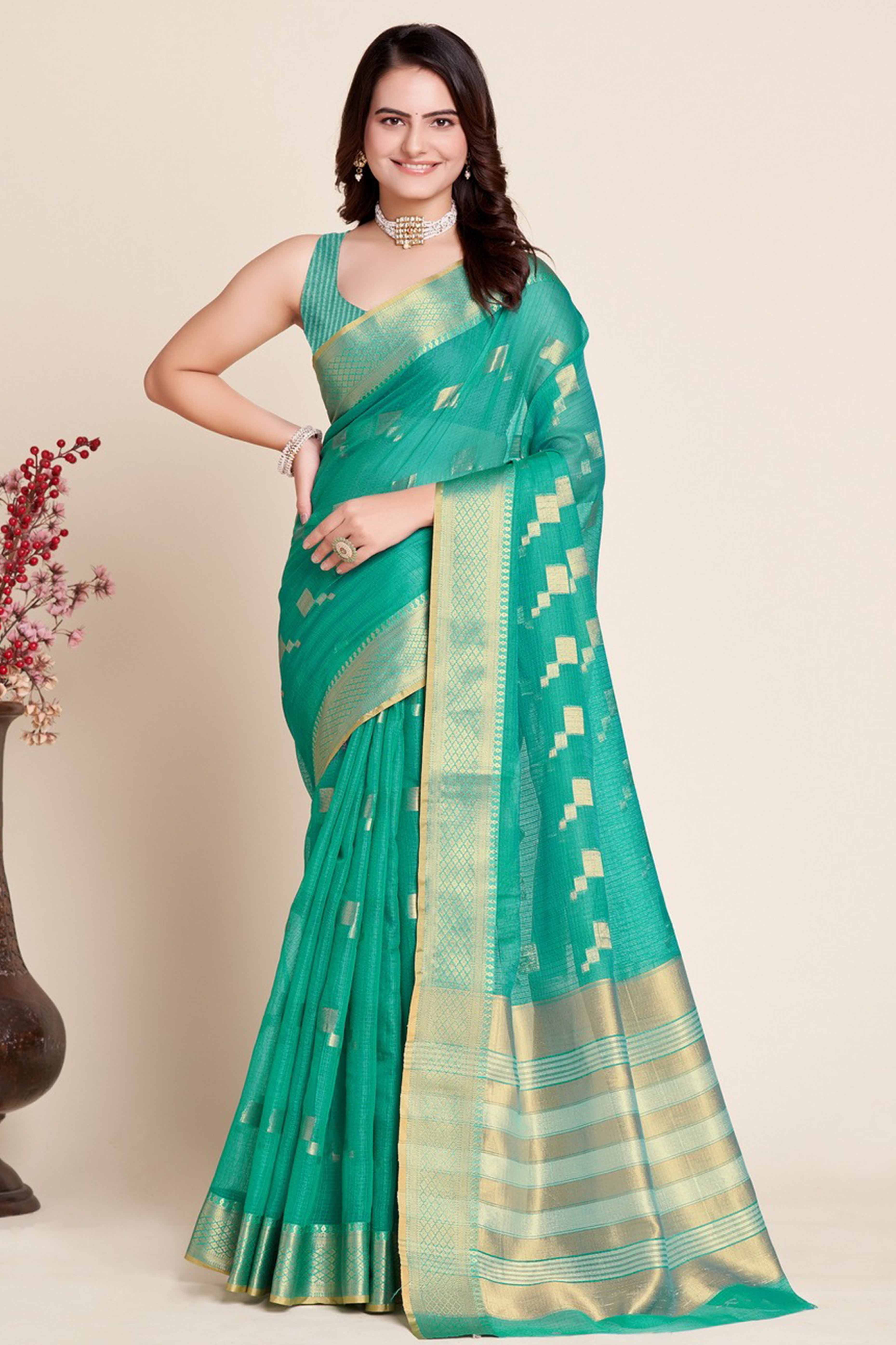 Green Zari Weaving Kota Doria Saree