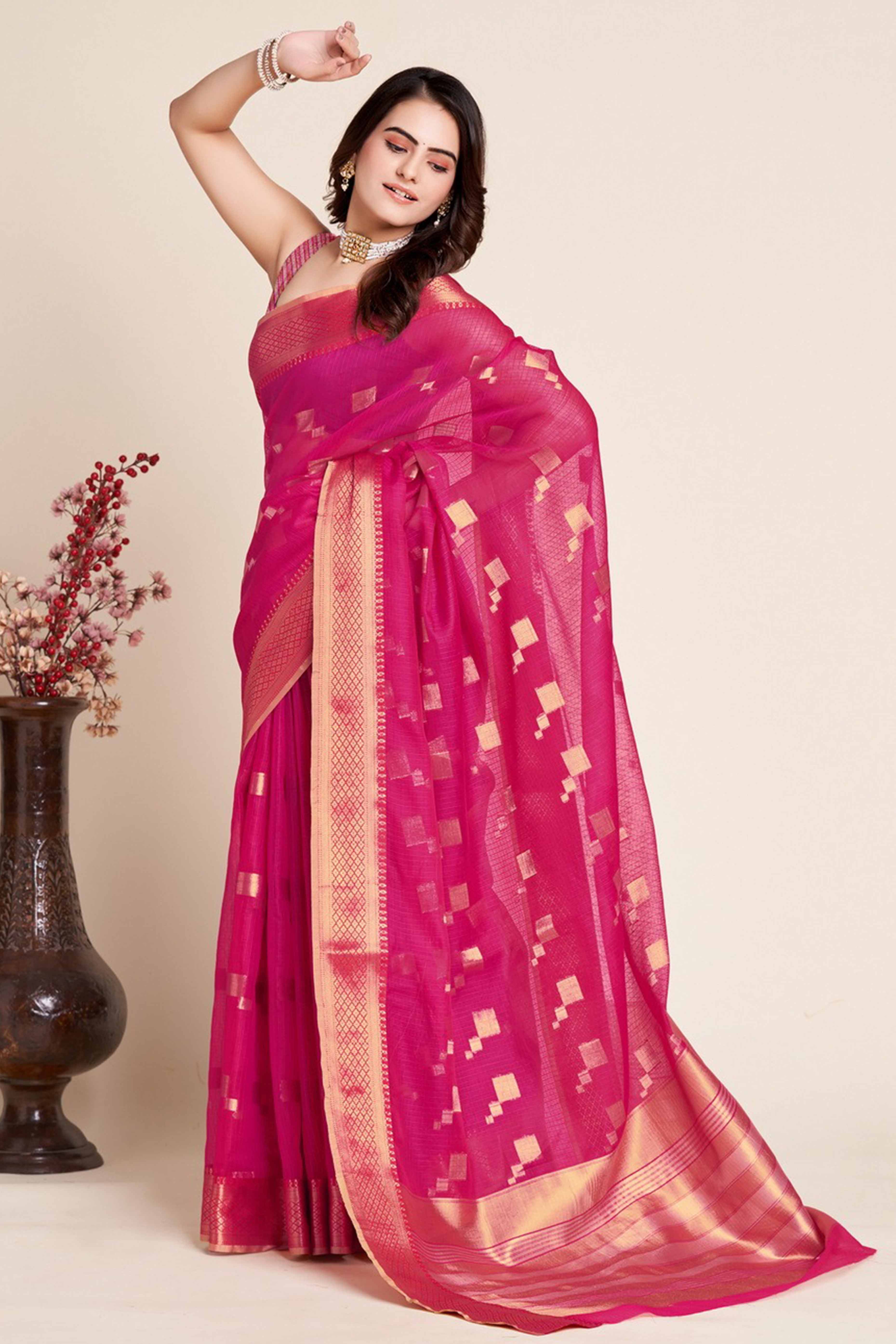 Pink Zari Weaving Kota Doria Saree