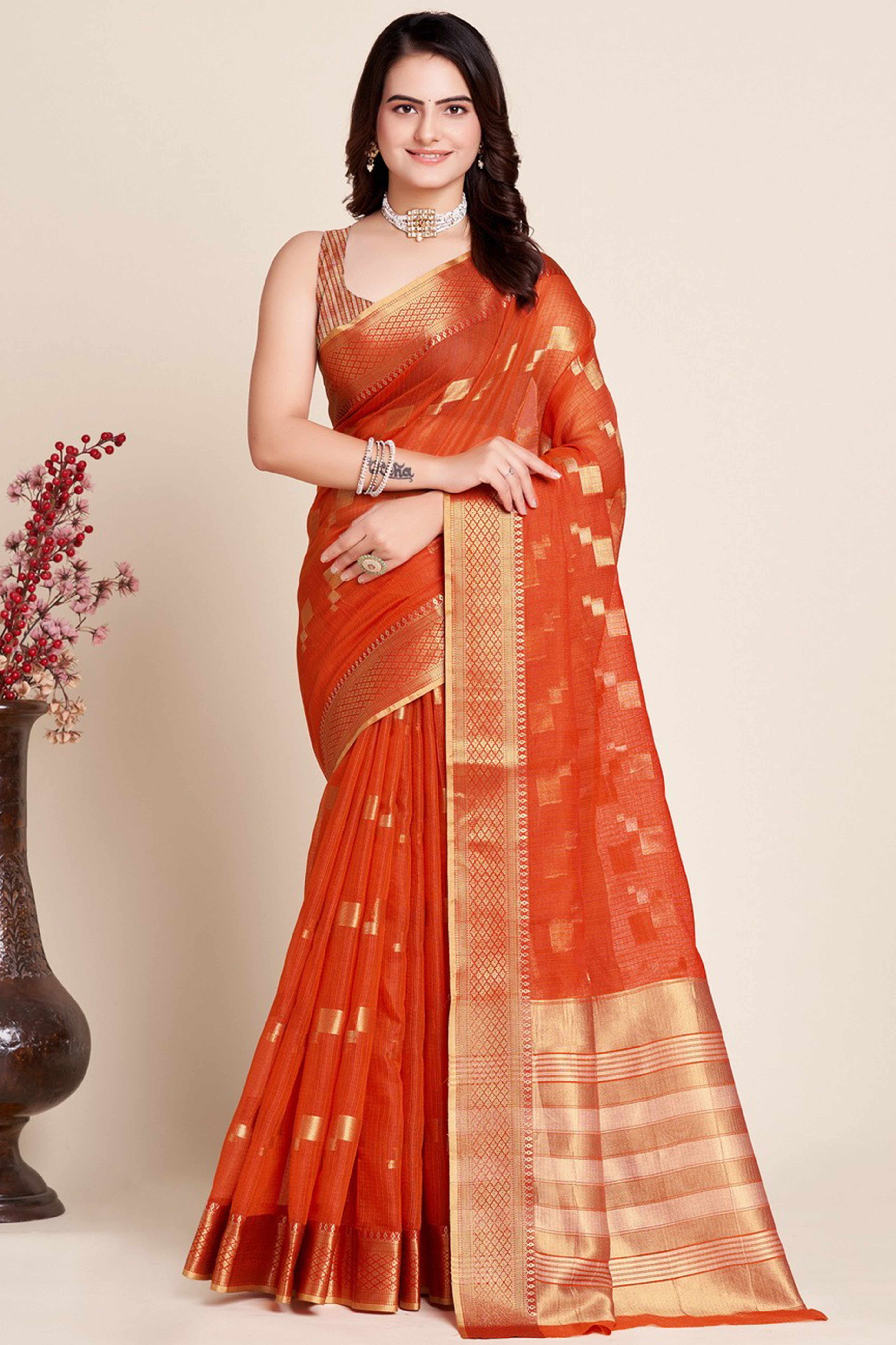 Rust Zari Weaving Kota Doria Saree