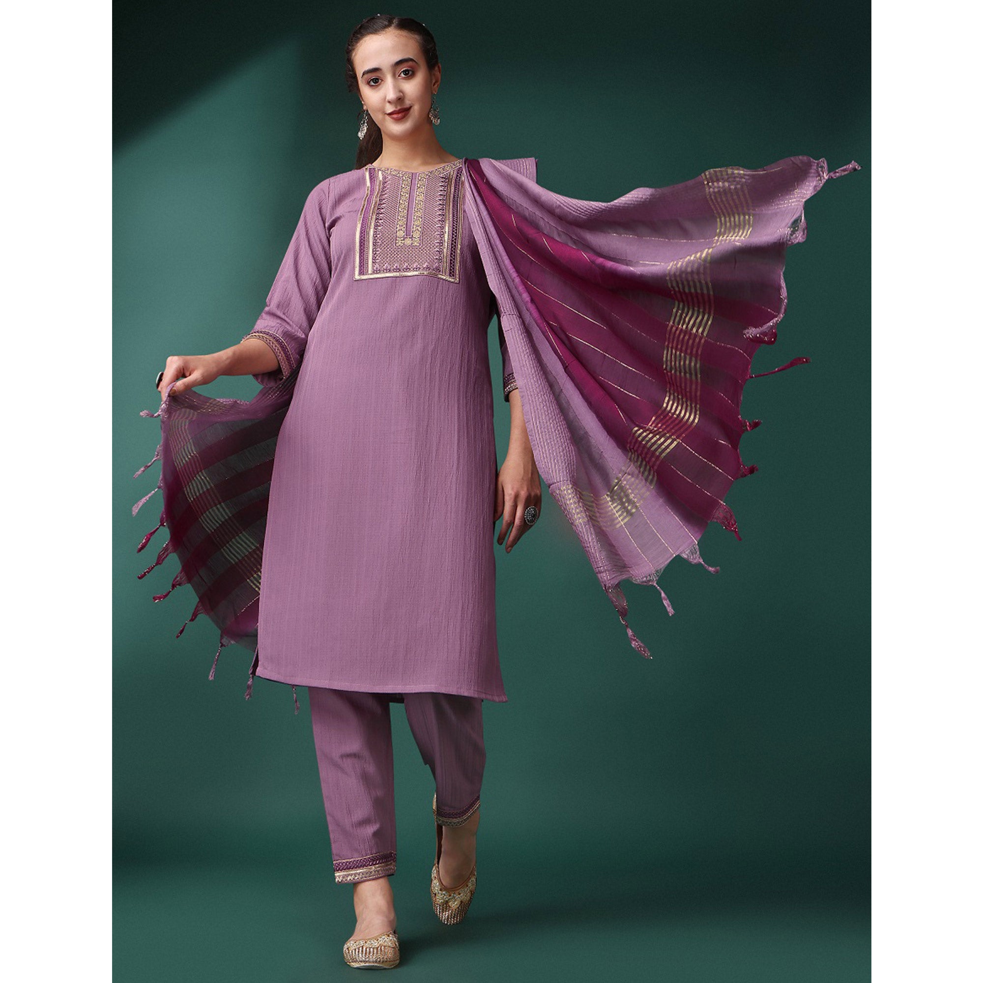 Purple Embroidered Cotton Silk Kurti Set