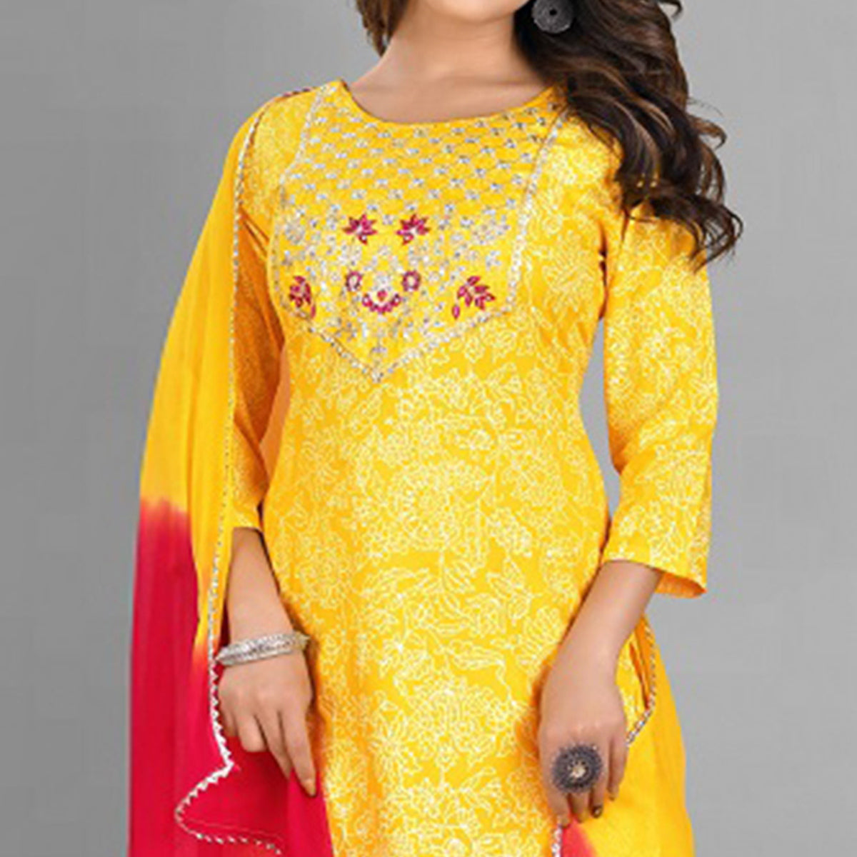 Yellow Embroidered Rayon Silk Kurti Set