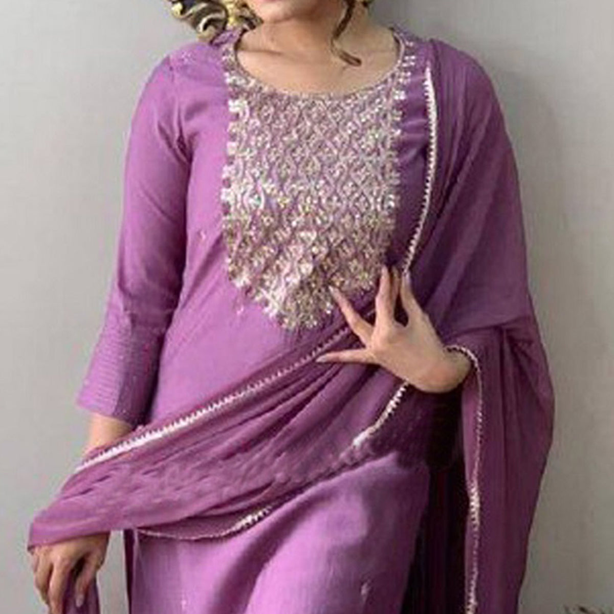 Purple Sequins Embroidered Rayon Kurti Set
