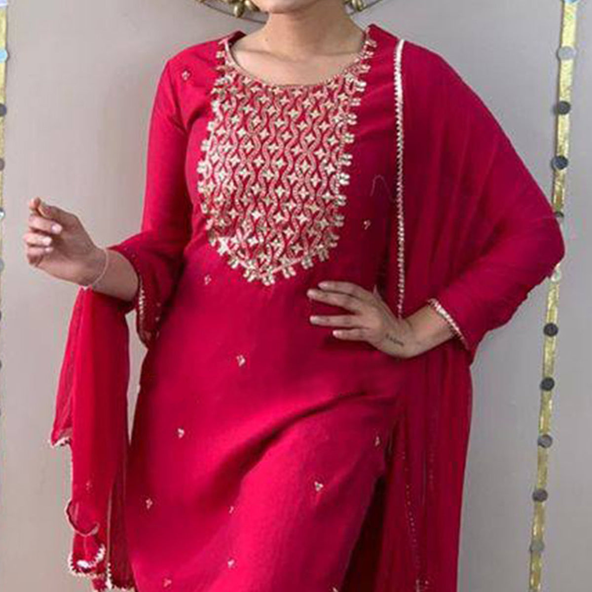 Pink Sequins Embroidered Rayon Silk Kurti Set