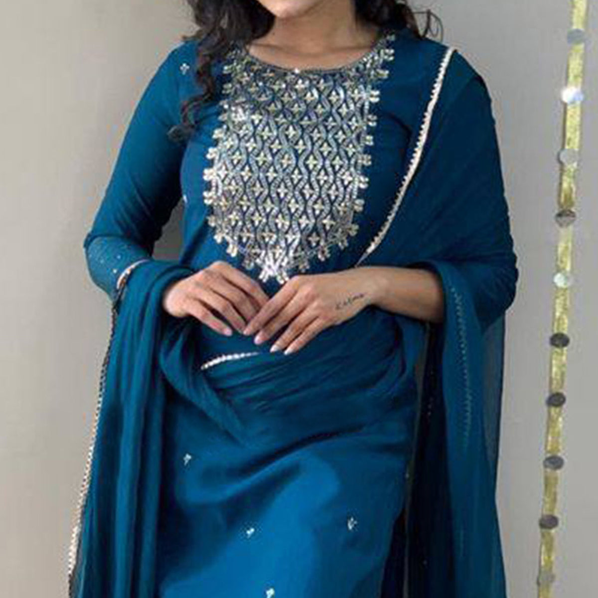 Blue Sequins Embroidered Rayon Kurti Set