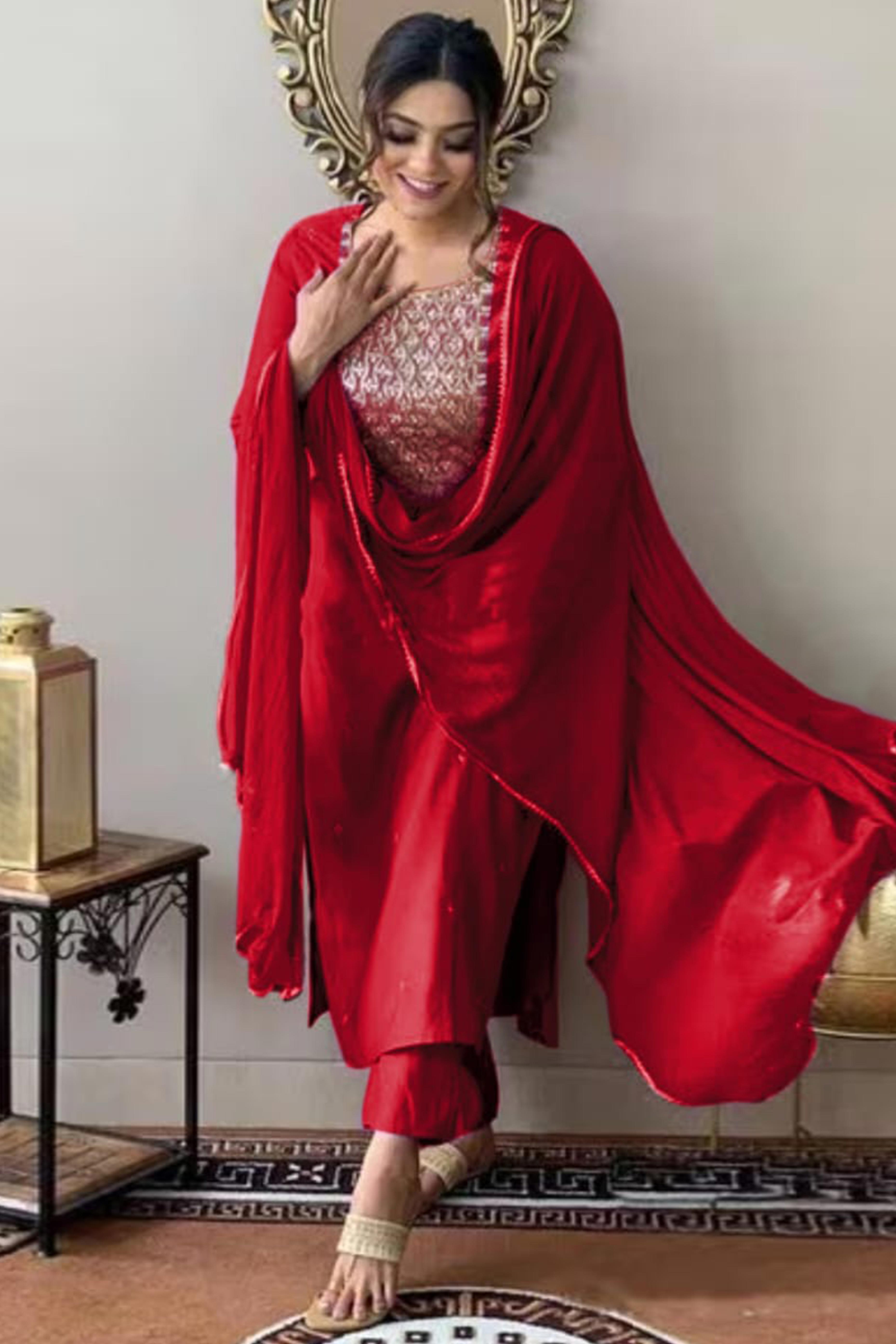 Red Sequins Embroidered Rayon Salwar Suit