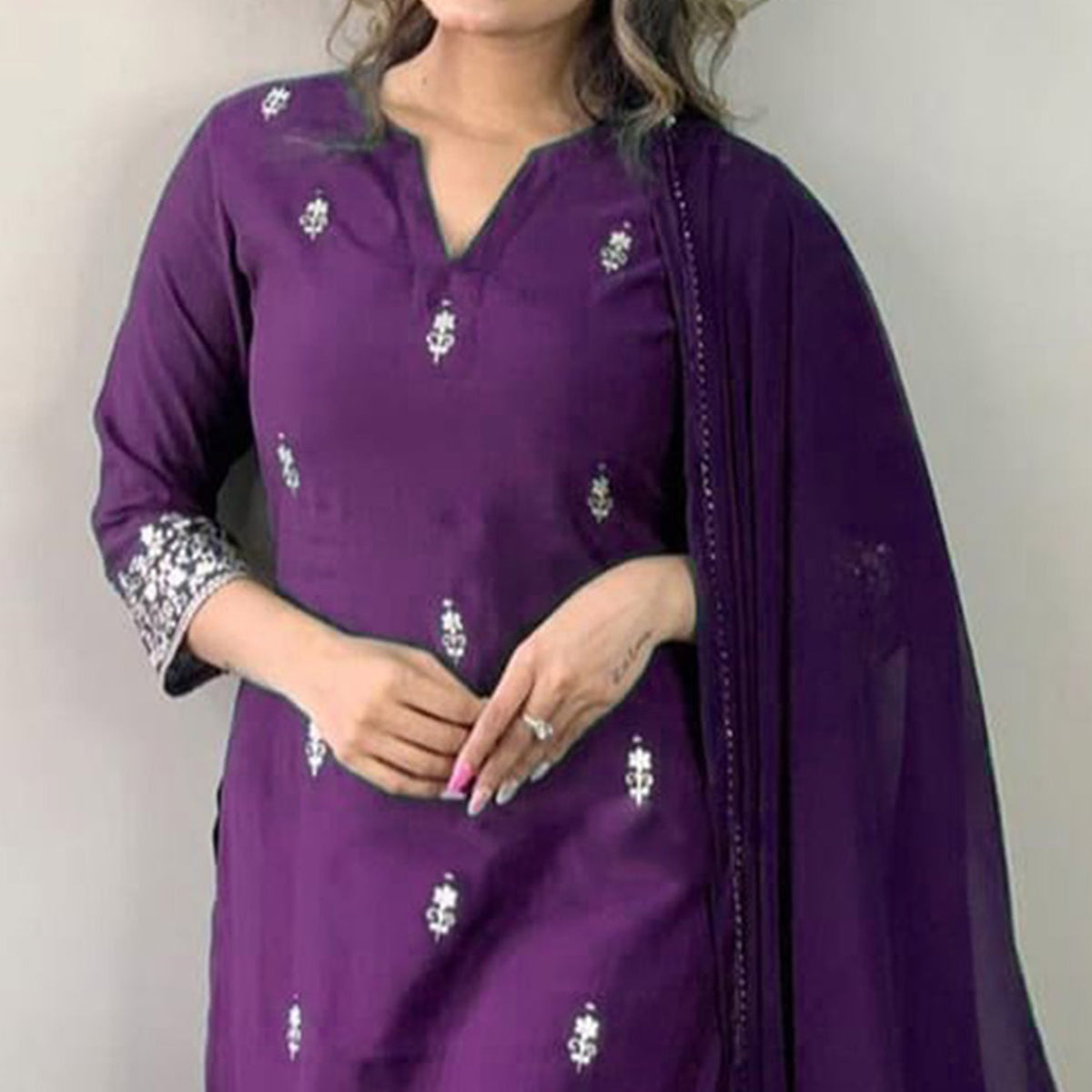 Purple Floral Embroidered Viscose Kurti Set