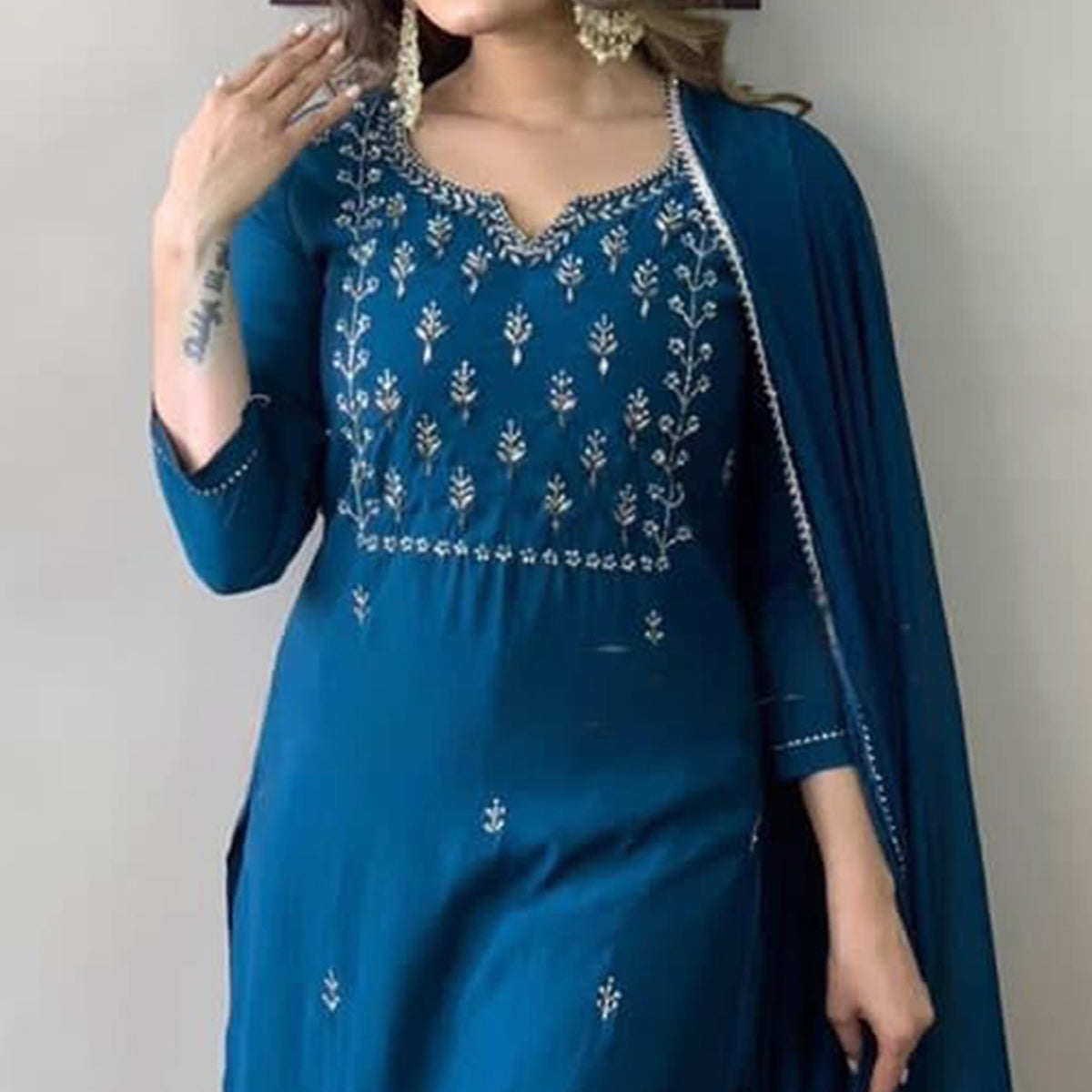 Blue Embroidered Rayon Suit