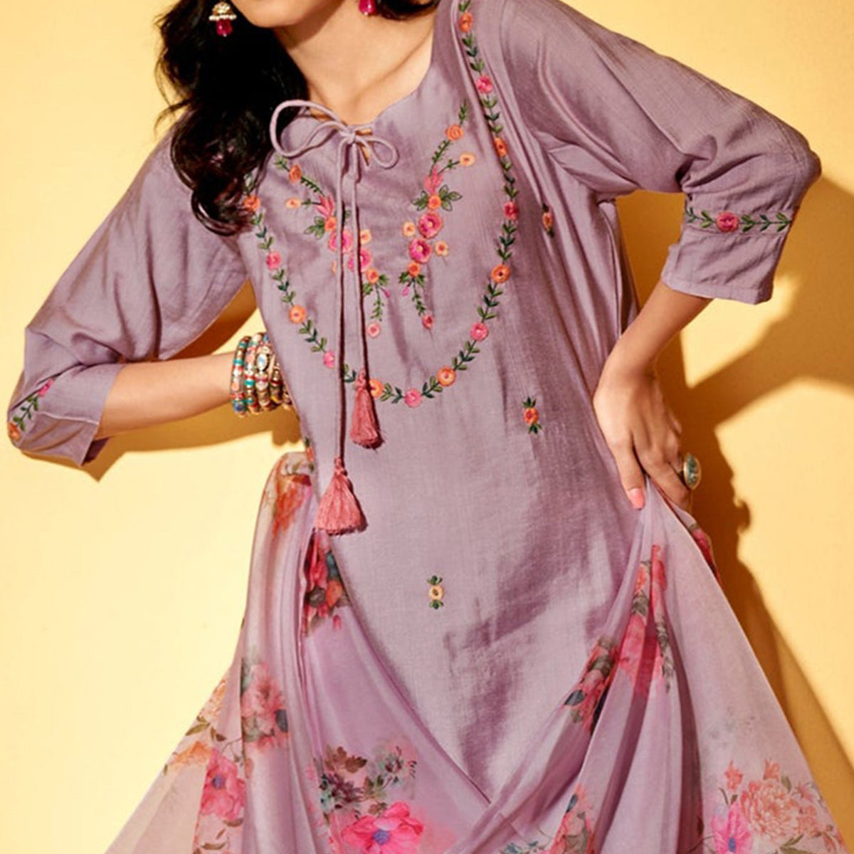 Purple Floral Embroidered Viscose Suit