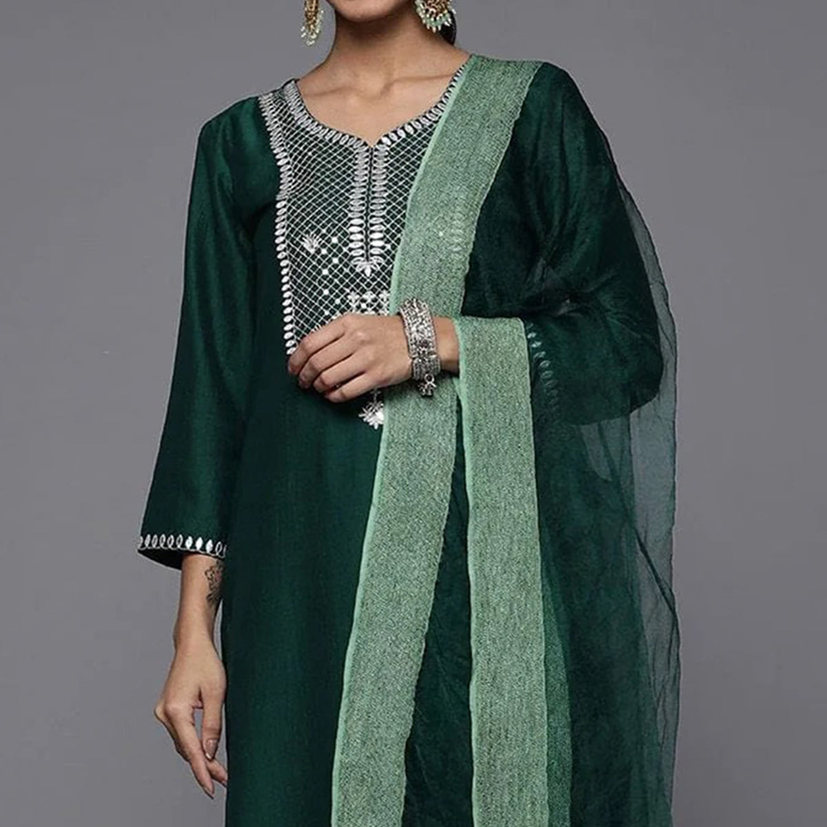 Green Embroidered Rayon Silk Kurti Set