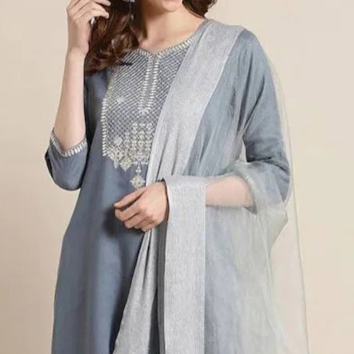 Grey Embroidered Rayon Silk Kurti Set