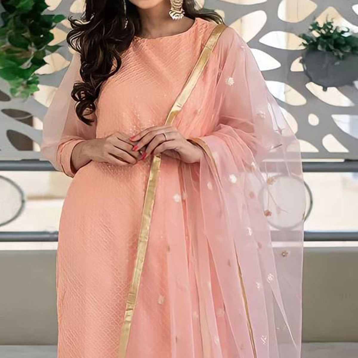 Peach Embroidered Rayon Silk Suit