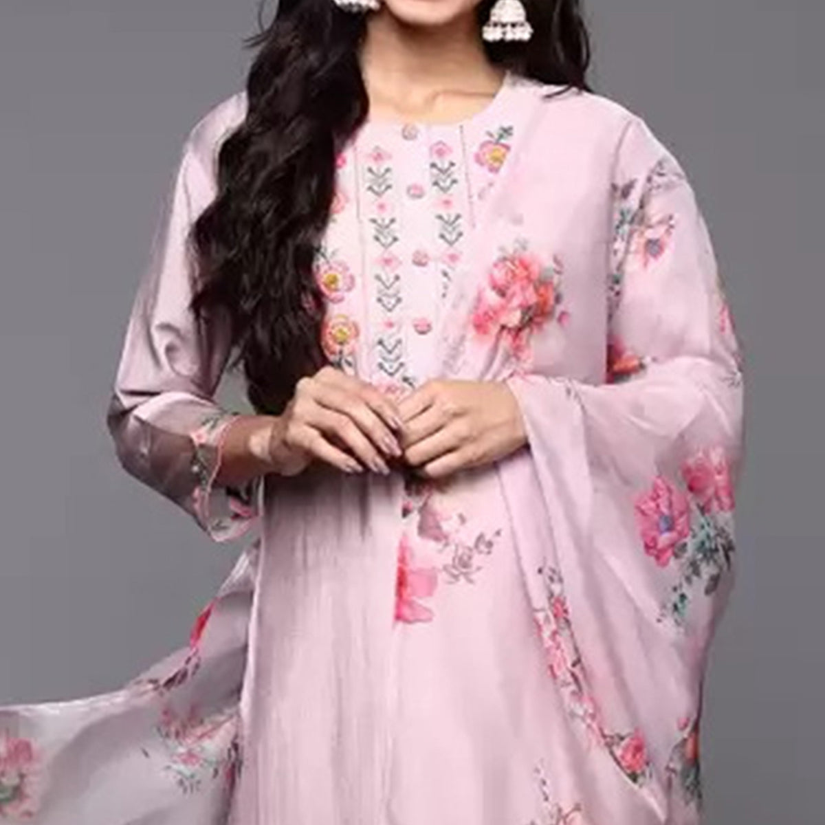 Pink Floral Embroidered Viscose Suit