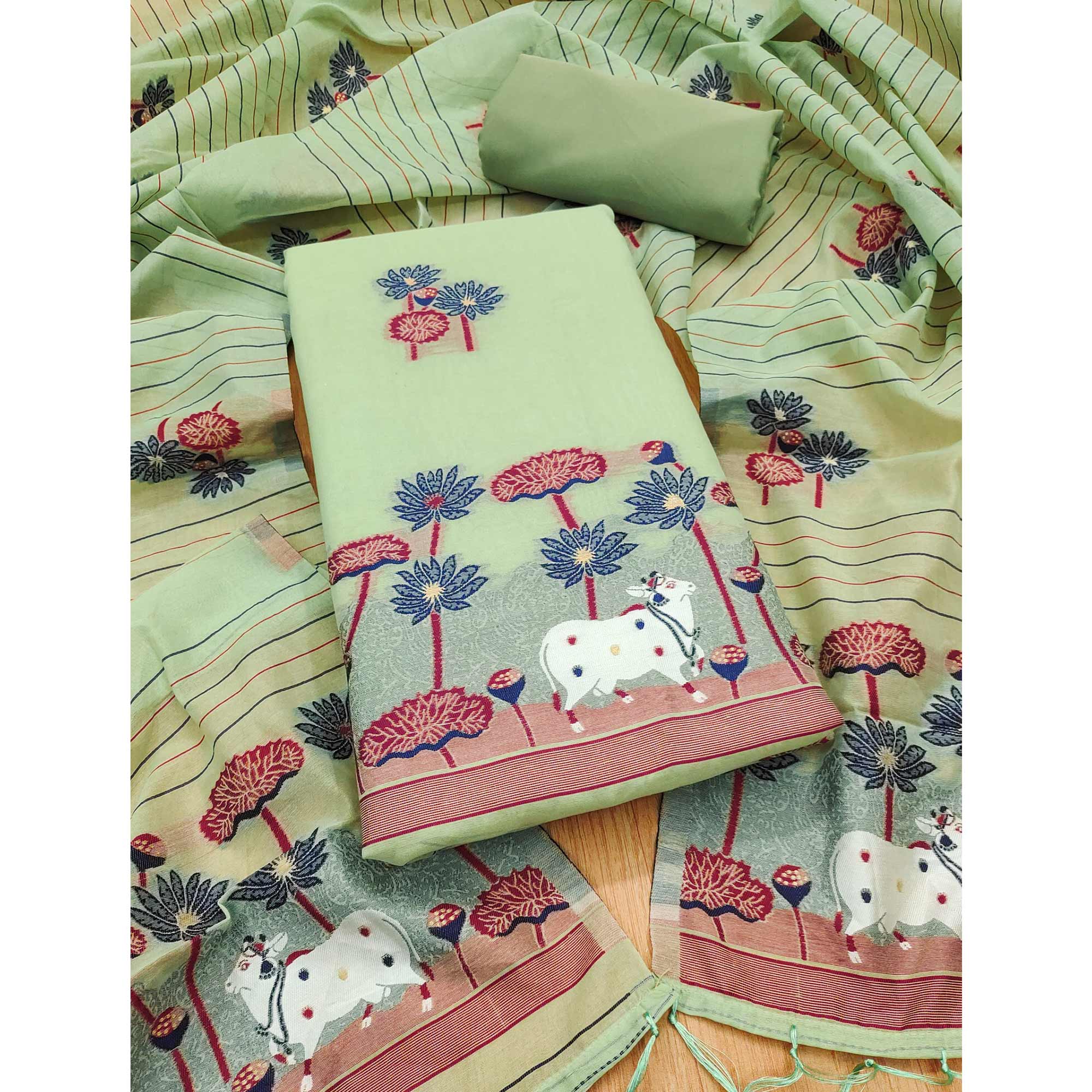 Pista Green Cotton Blend Dress Material With Intricate Floral Zari Weaving Detail