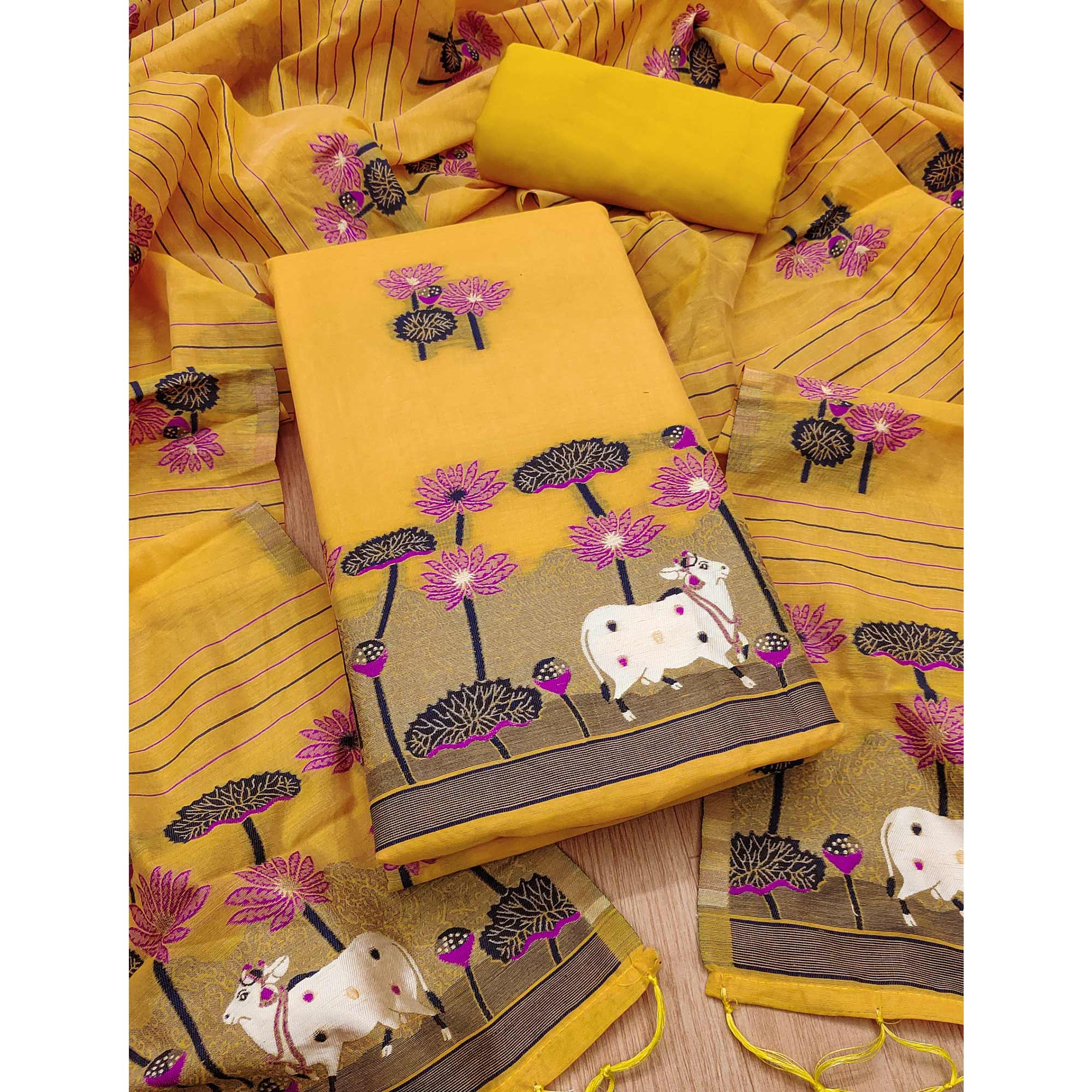 Yellow Cotton Blend Dress Material With Intricate Floral Zari Weaving Detail