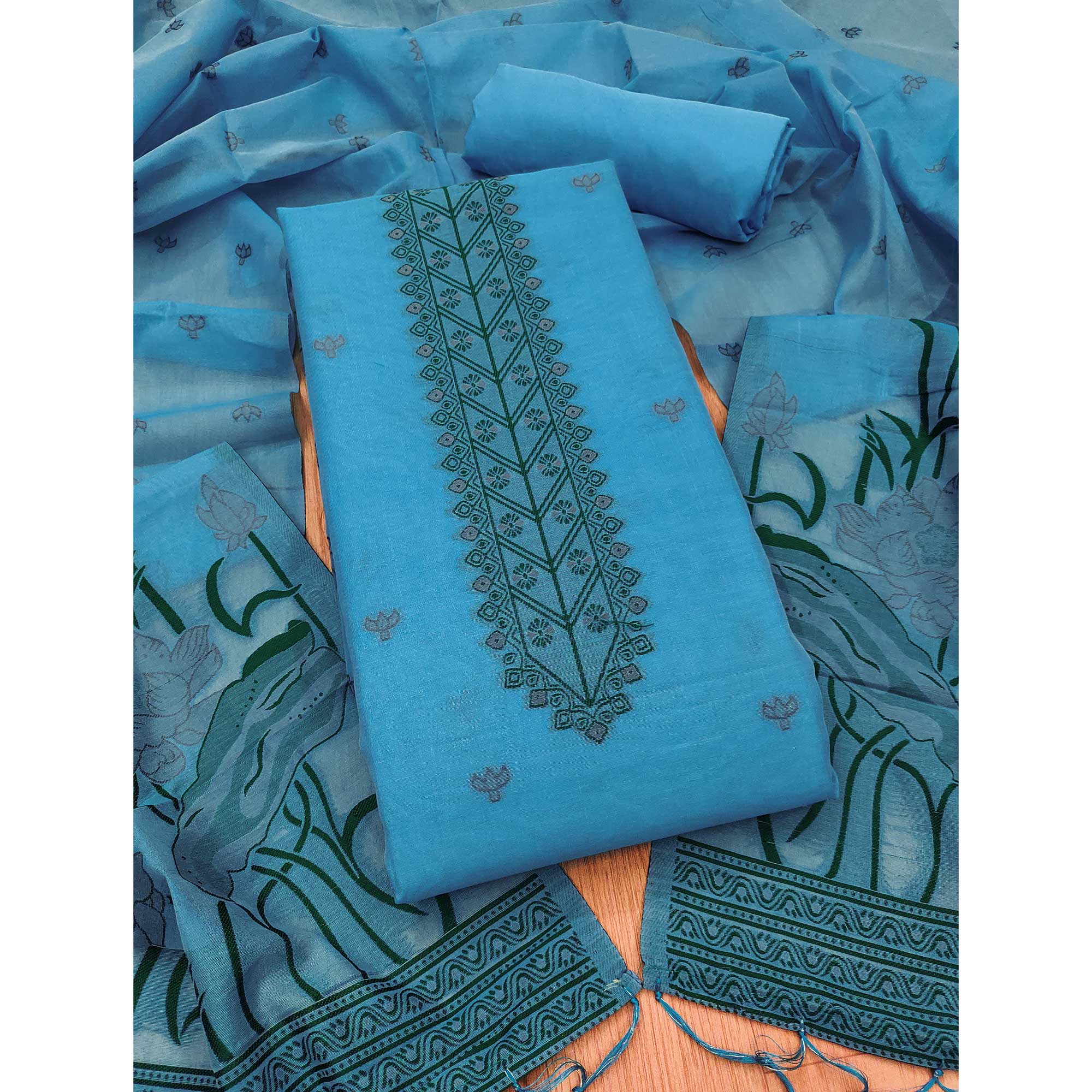 Blue Ethnic Dress Material Showcasing Handloom Style Floral Zari Weaving