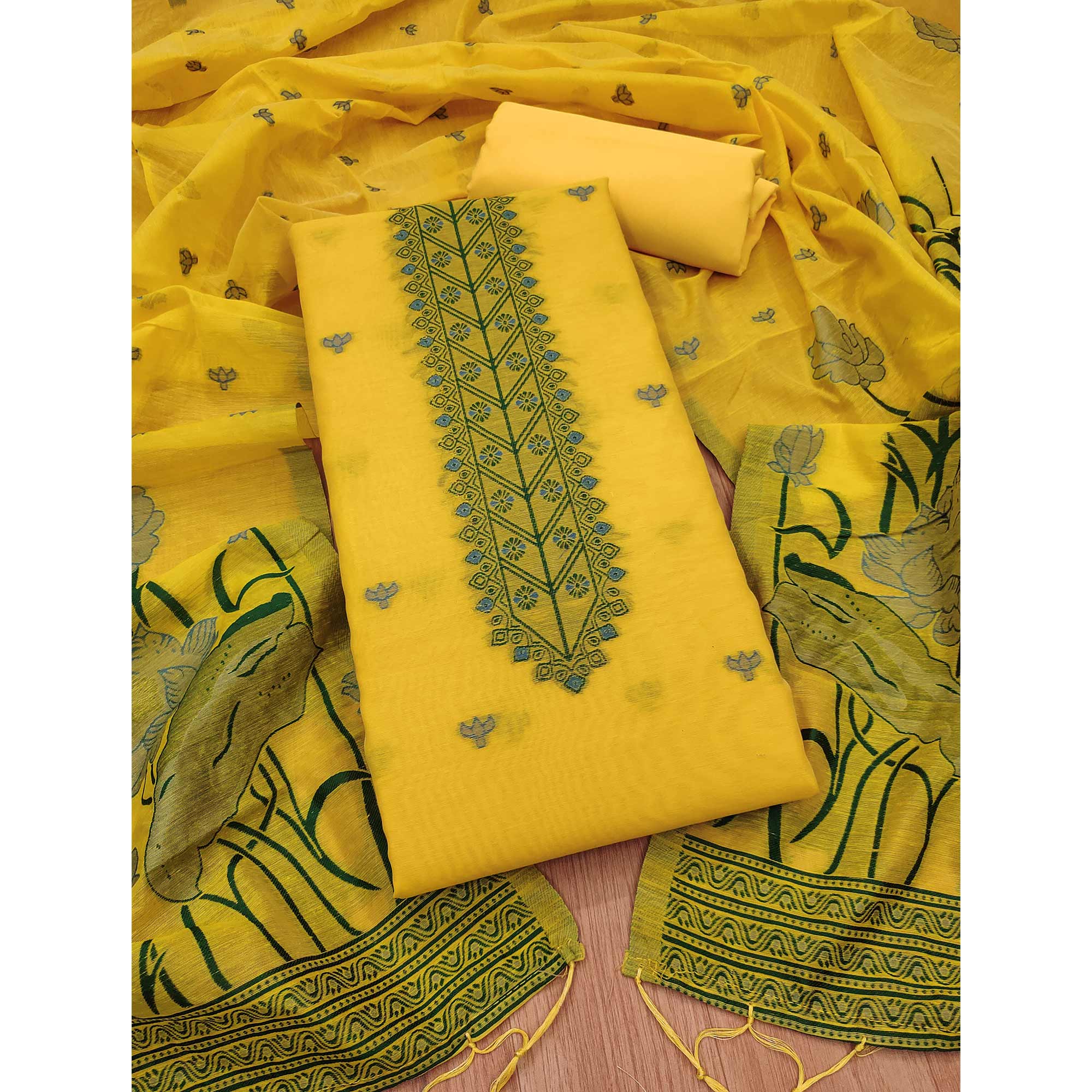Yellow Ethnic Dress Material Showcasing Handloom Style Floral Zari Weaving
