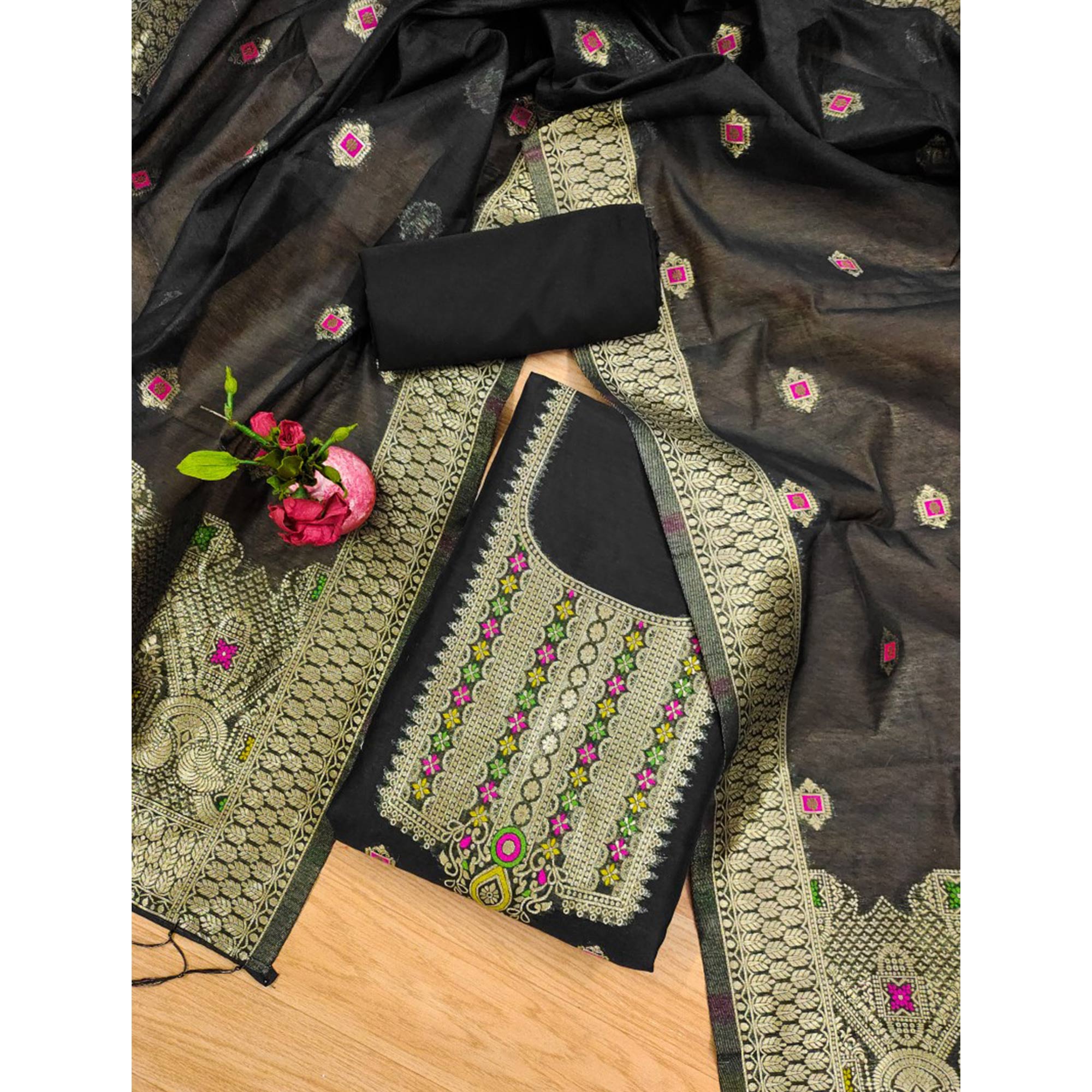 Black Floral Woven Chanderi Dress Material