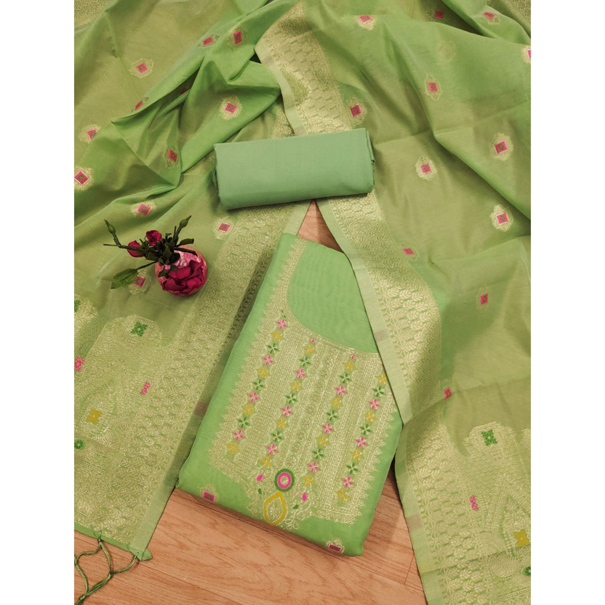 Light Green Floral Woven Chanderi Dress Material