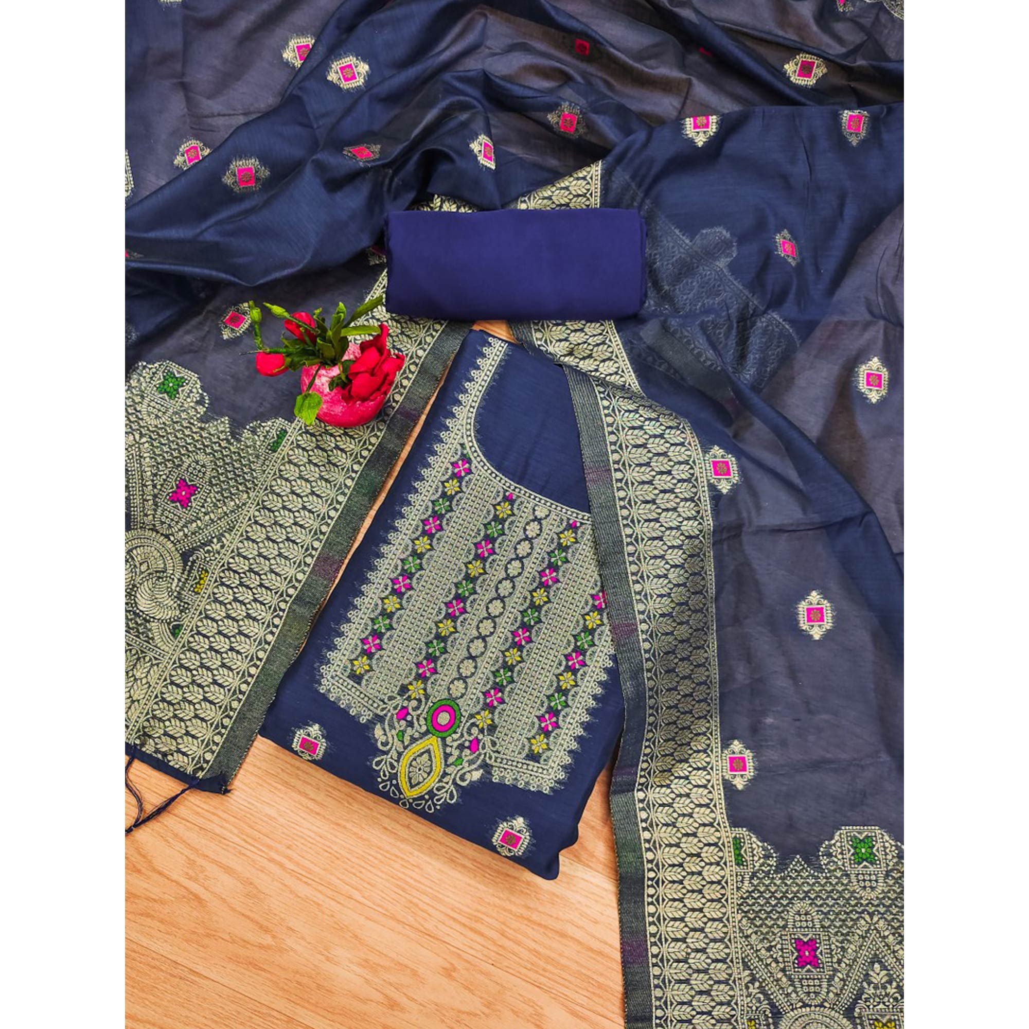 Navy Blue Floral Woven Chanderi Dress Material