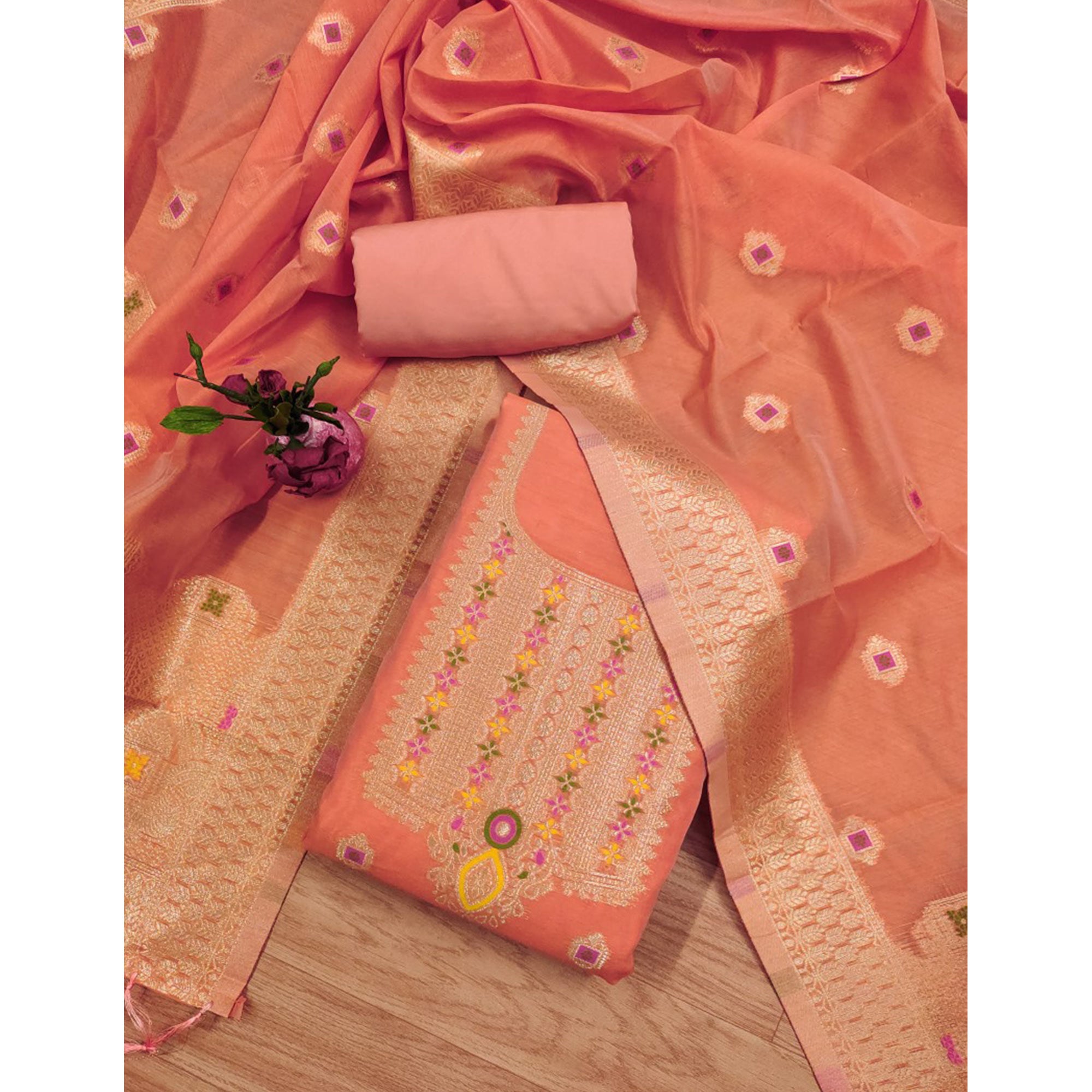 Peach Floral Woven Chanderi Dress Material